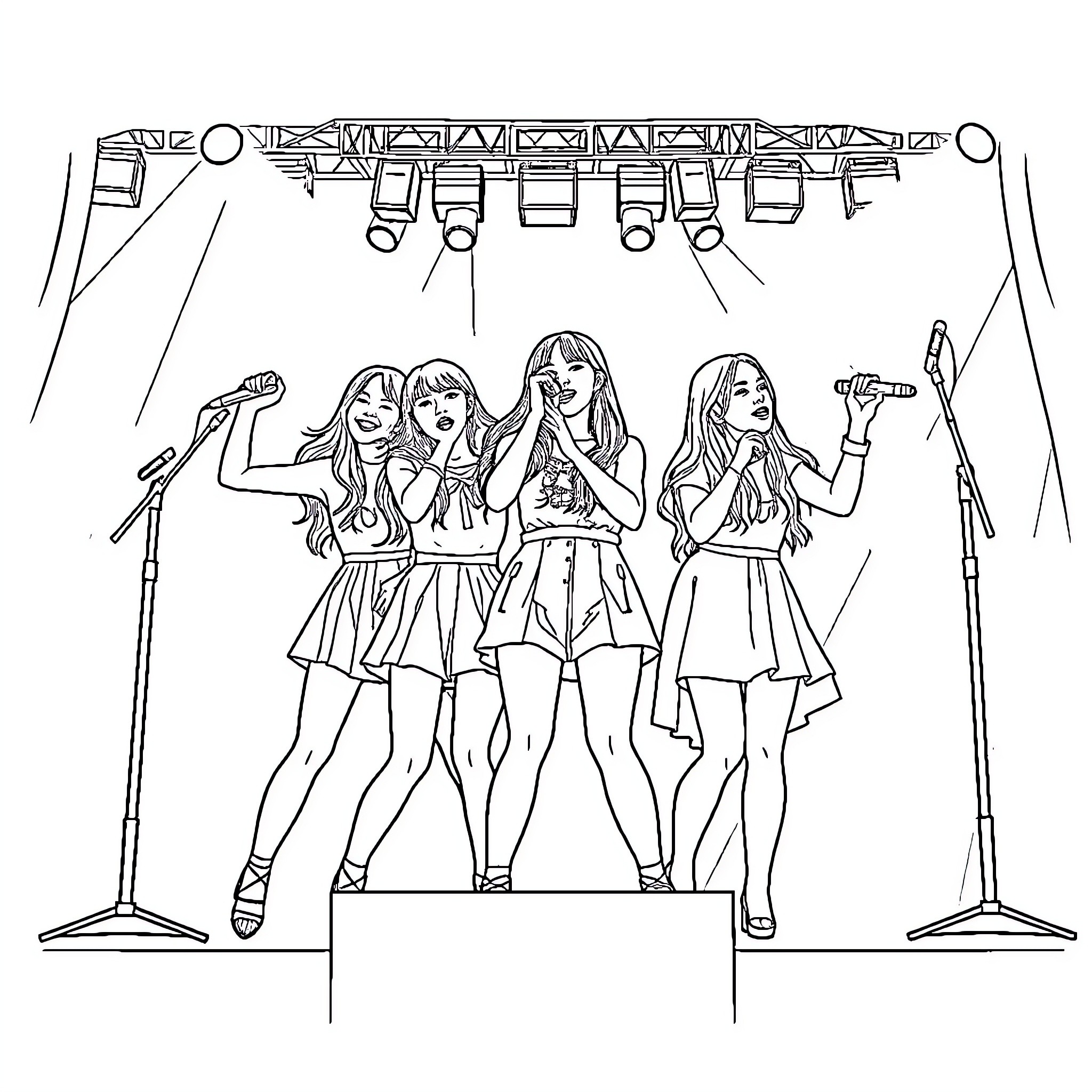 Blackpink Performers Energizing the Stage Coloring Page (free black-and-white line drawing printable PDF for all, from beginners to advanced learners, including children, teens, adults, and seniors)