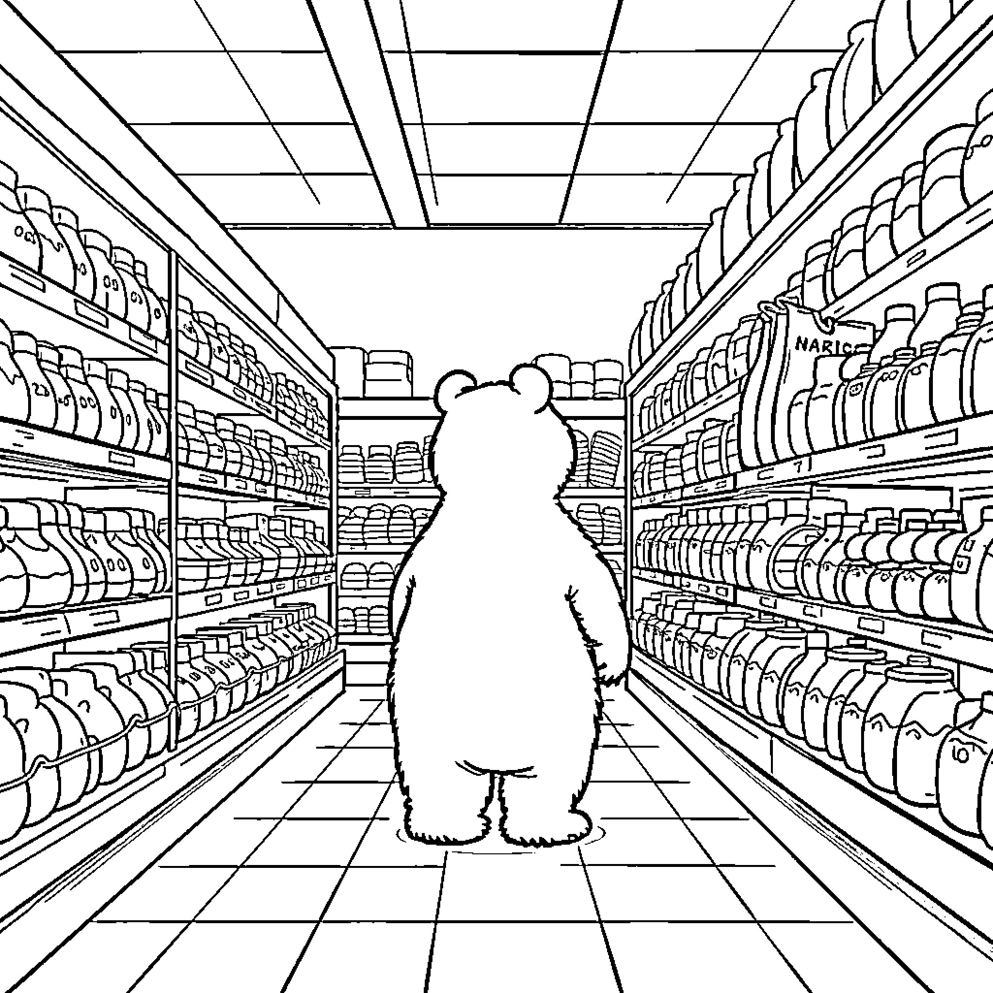Bear exploring the shelves of a bustling grocery store Coloring Page (free black-and-white line drawing printable PDF for all, from beginners to advanced learners, including children, teens, adults, and seniors)