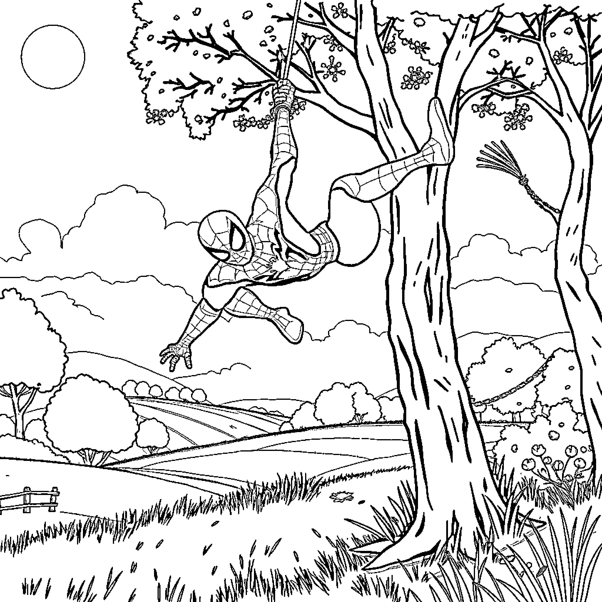 Spiderman swinging through the forest landscape Coloring Page (free black-and-white line drawing printable PDF for all, from beginners to advanced learners, including children, teens, adults, and seniors)