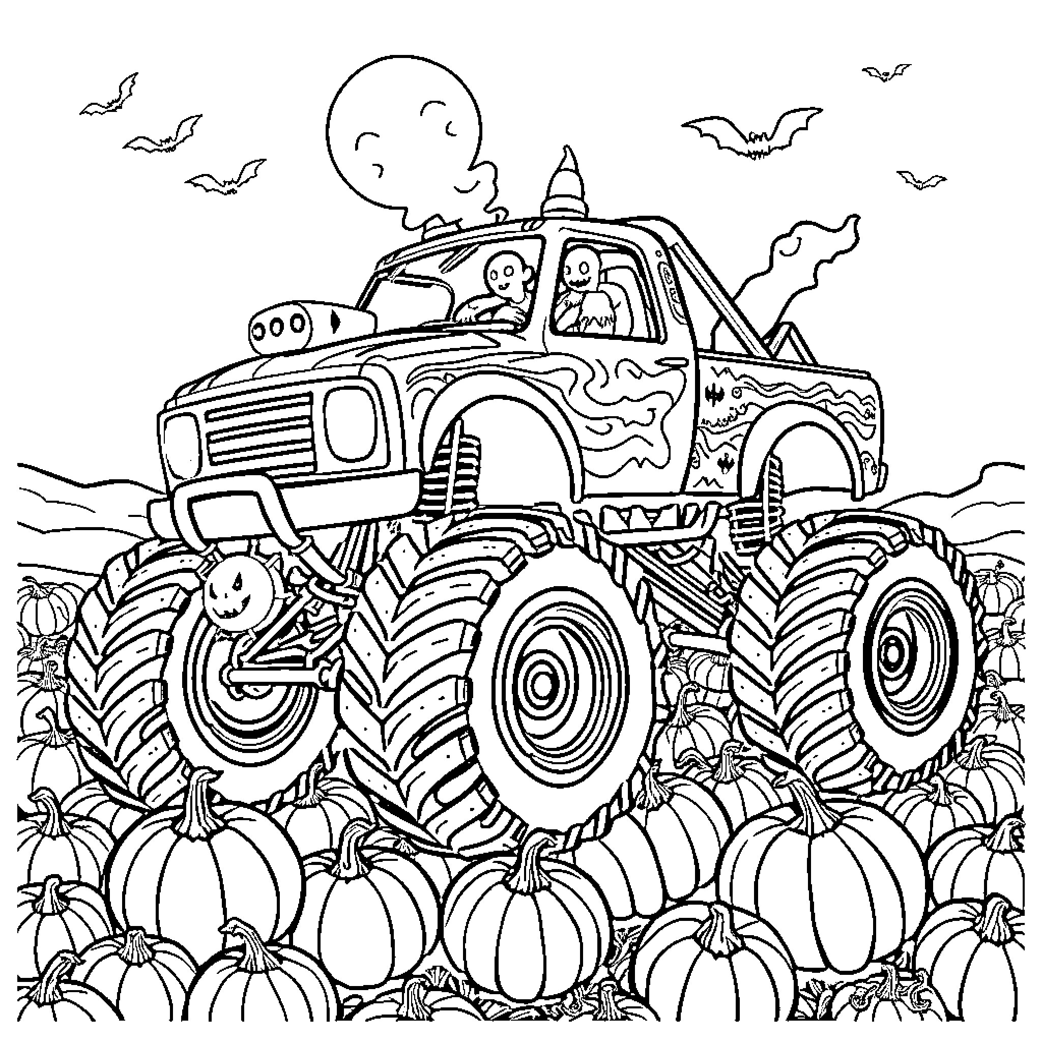Monster Truck Crushing Pumpkins in Spooky Autumn Scene Coloring Page (free black-and-white line drawing printable PDF for all, from beginners to advanced learners, including children, teens, adults, and seniors)
