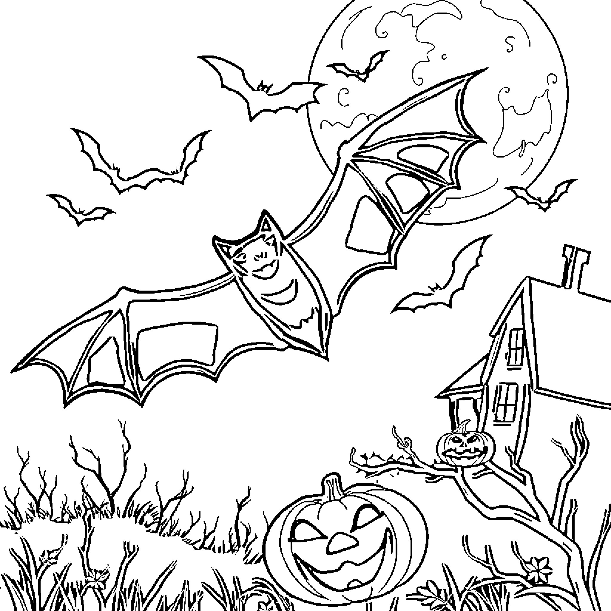 Bat flying over spooky Halloween scene Coloring Page (free black-and-white line drawing printable PDF for all, from beginners to advanced learners, including children, teens, adults, and seniors)