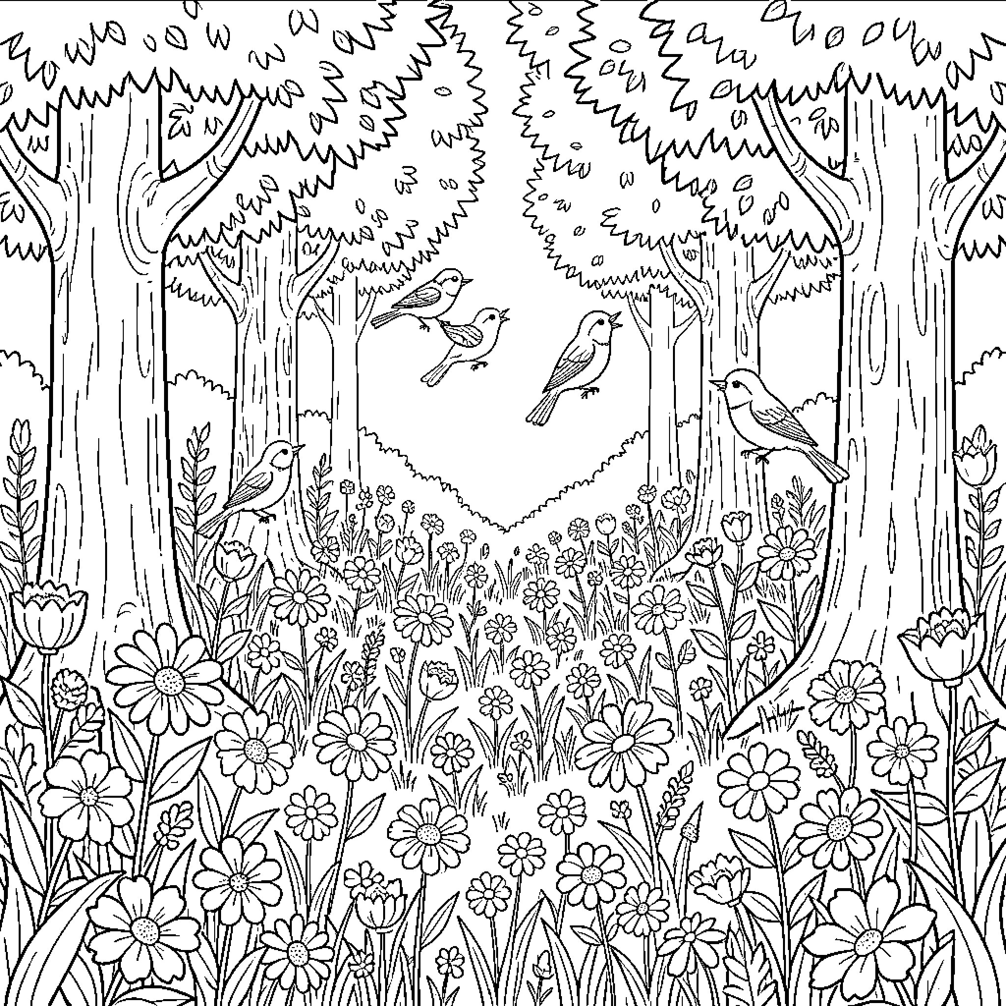 Nature's Enchanting Garden: Birds and Blooms Coloring Page (free black-and-white line drawing printable PDF for all, from beginners to advanced learners, including children, teens, adults, and seniors)