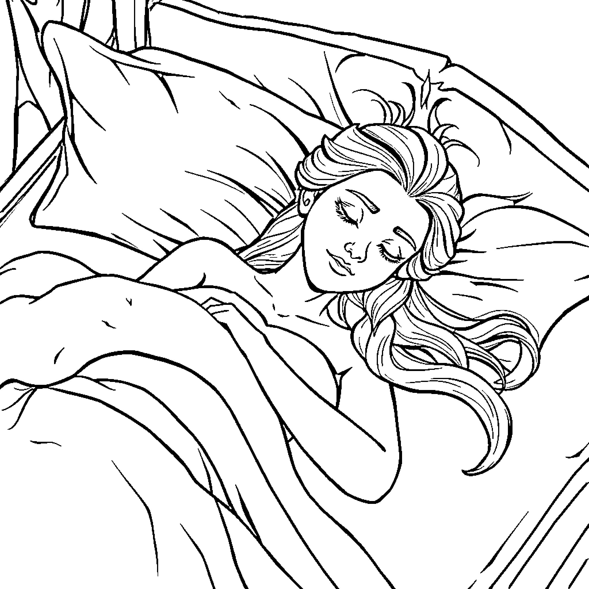 Queen Elsa resting peacefully in her bed Coloring Page (free black-and-white line drawing printable PDF for all, from beginners to advanced learners, including children, teens, adults, and seniors)