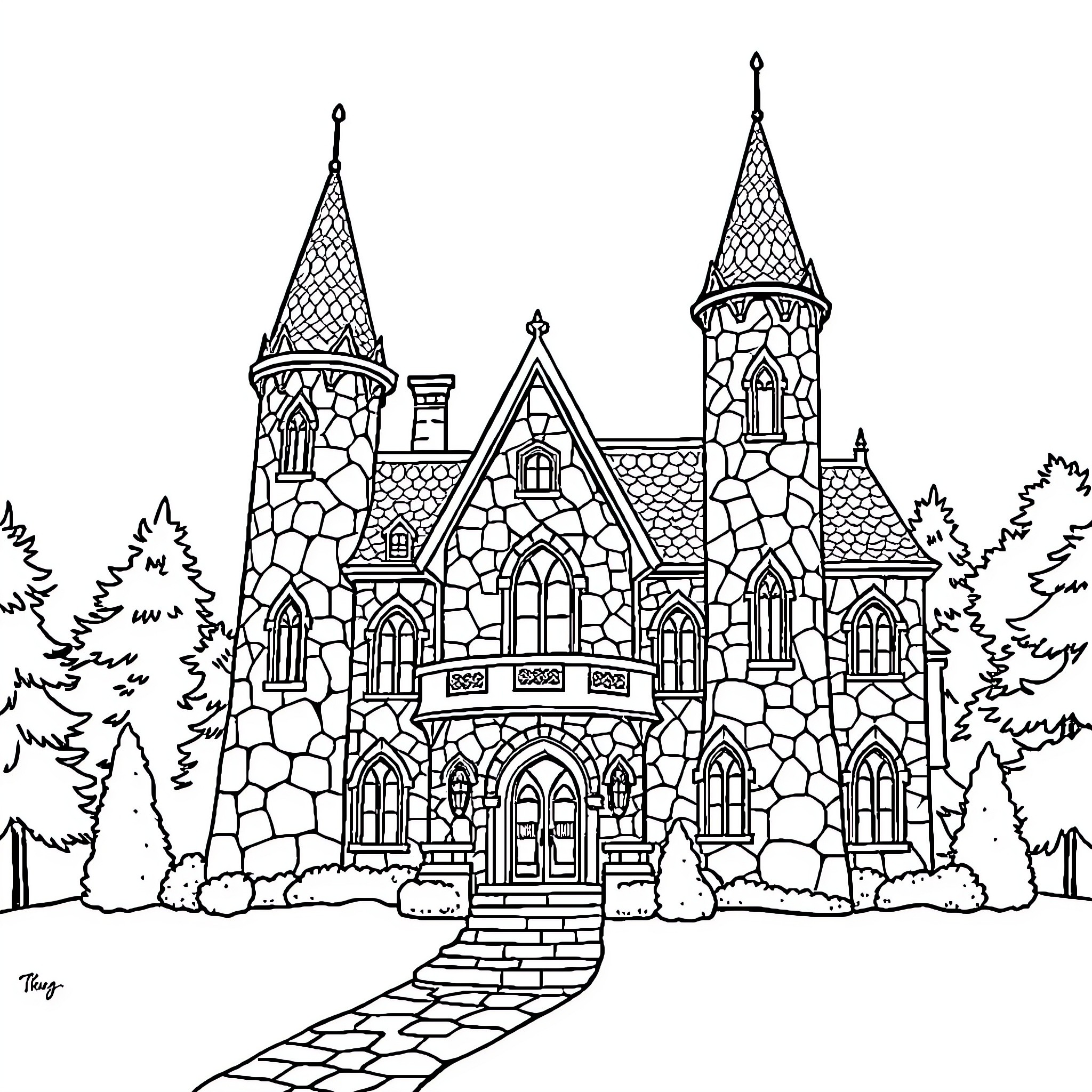 Princess in a Magical Stone Castle Coloring Page (free black-and-white line drawing printable PDF for all, from beginners to advanced learners, including children, teens, adults, and seniors)