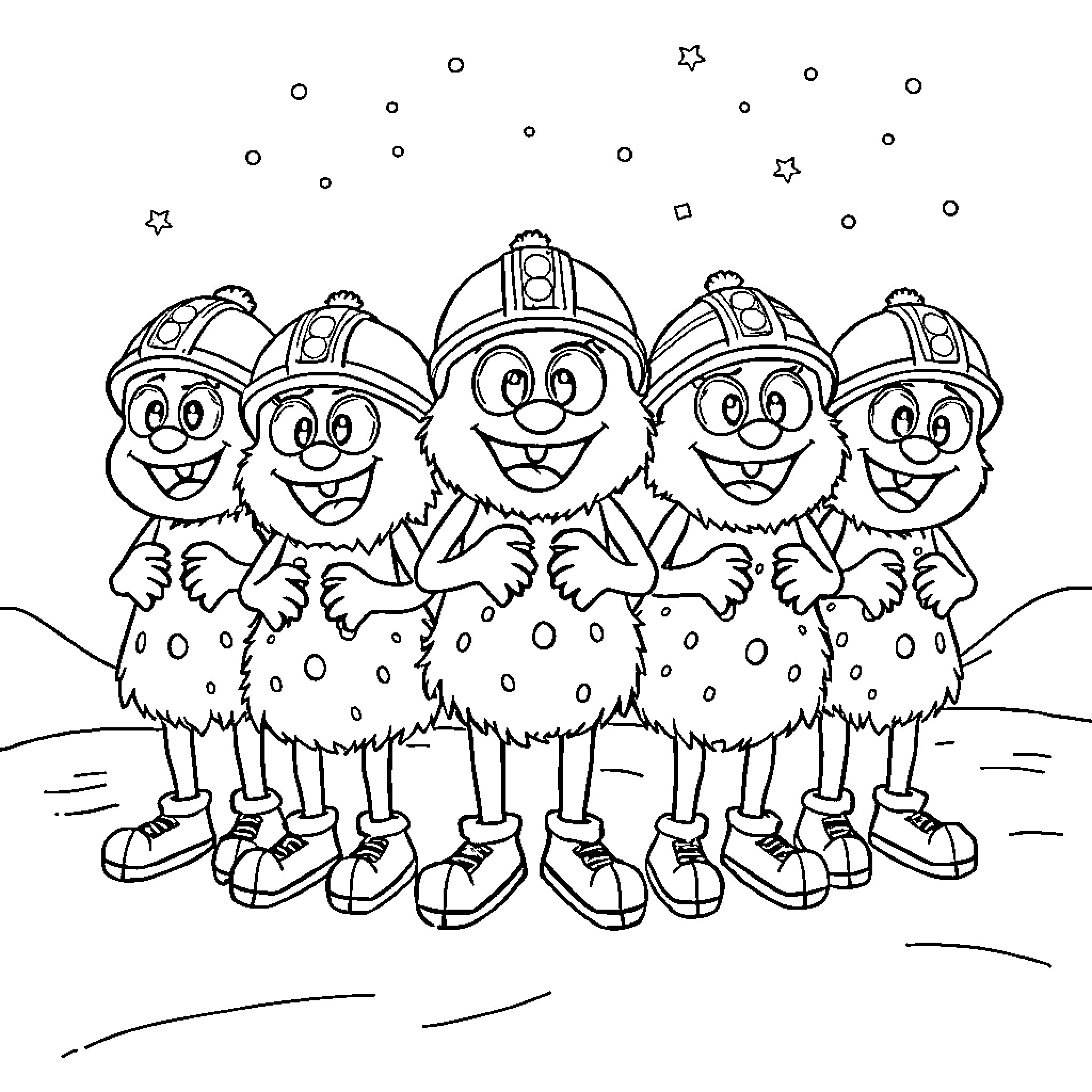 Momonster firefighters on a snowy night Coloring Page (free black-and-white line drawing printable PDF for all, from beginners to advanced learners, including children, teens, adults, and seniors)