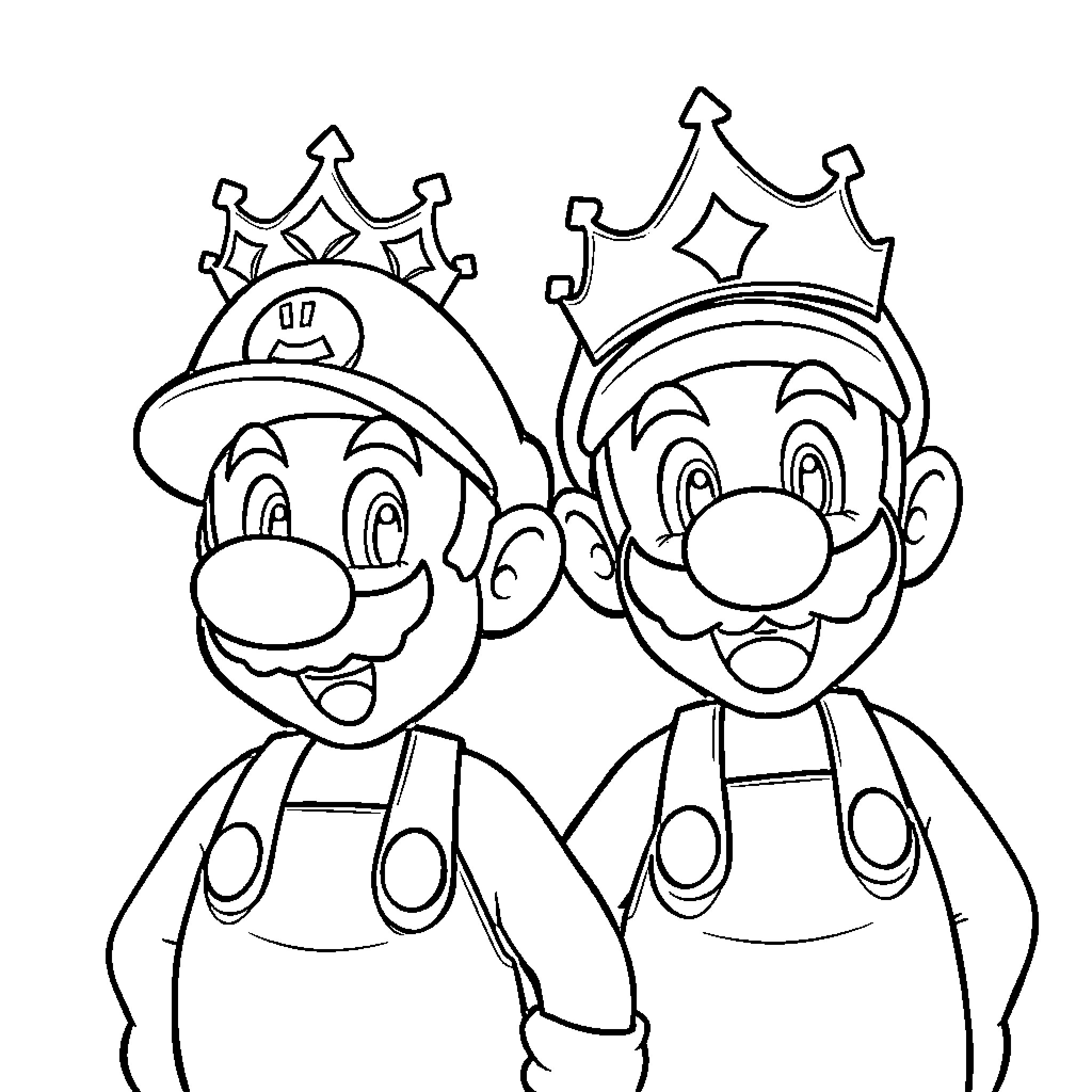 Mario and Luigi, Wearing Crowns, Happily Celebrating Coloring Page (free black-and-white line drawing printable PDF for all, from beginners to advanced learners, including children, teens, adults, and seniors)