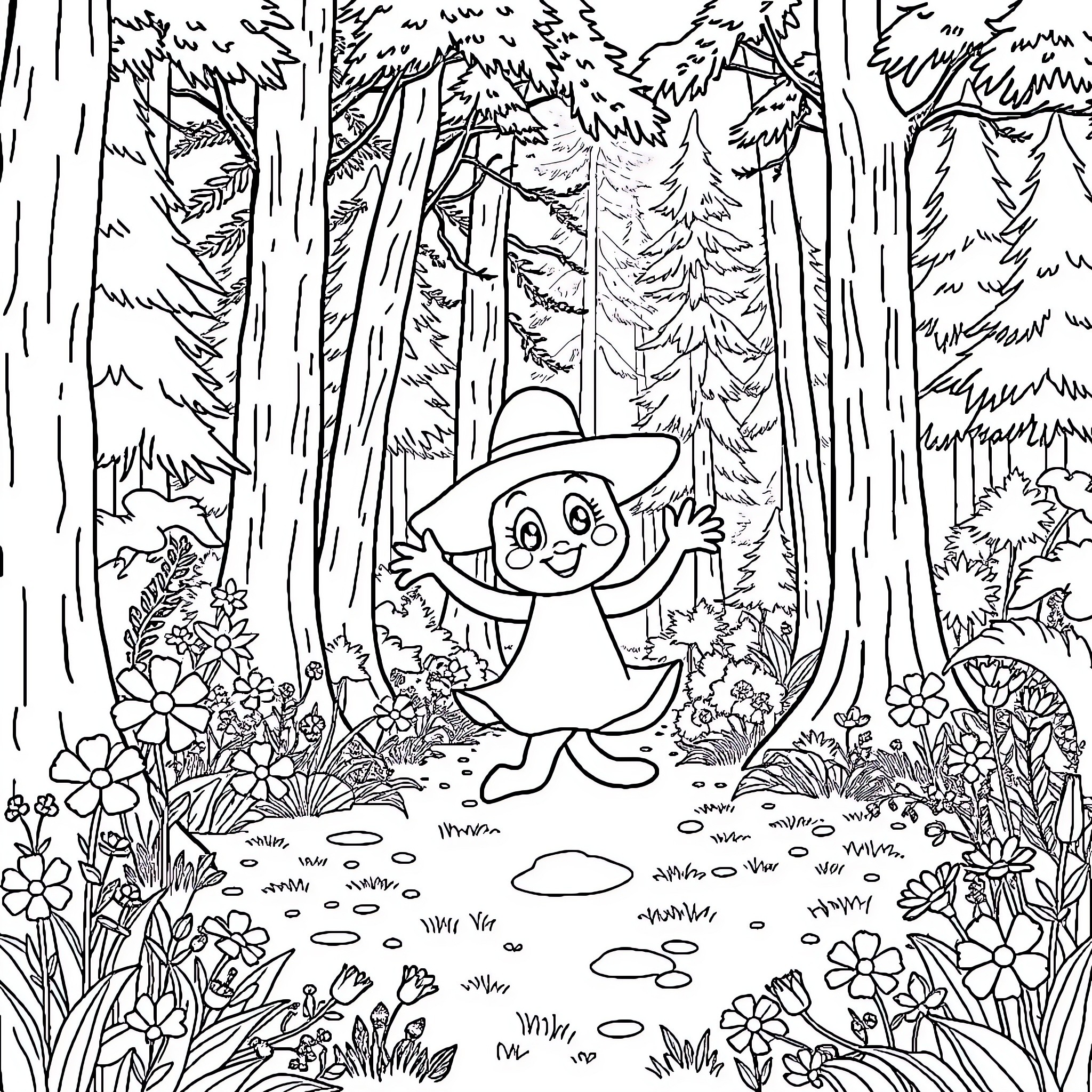 Bluey's Enchanted Forest Adventure Coloring Page (free black-and-white line drawing printable PDF for all, from beginners to advanced learners, including children, teens, adults, and seniors)