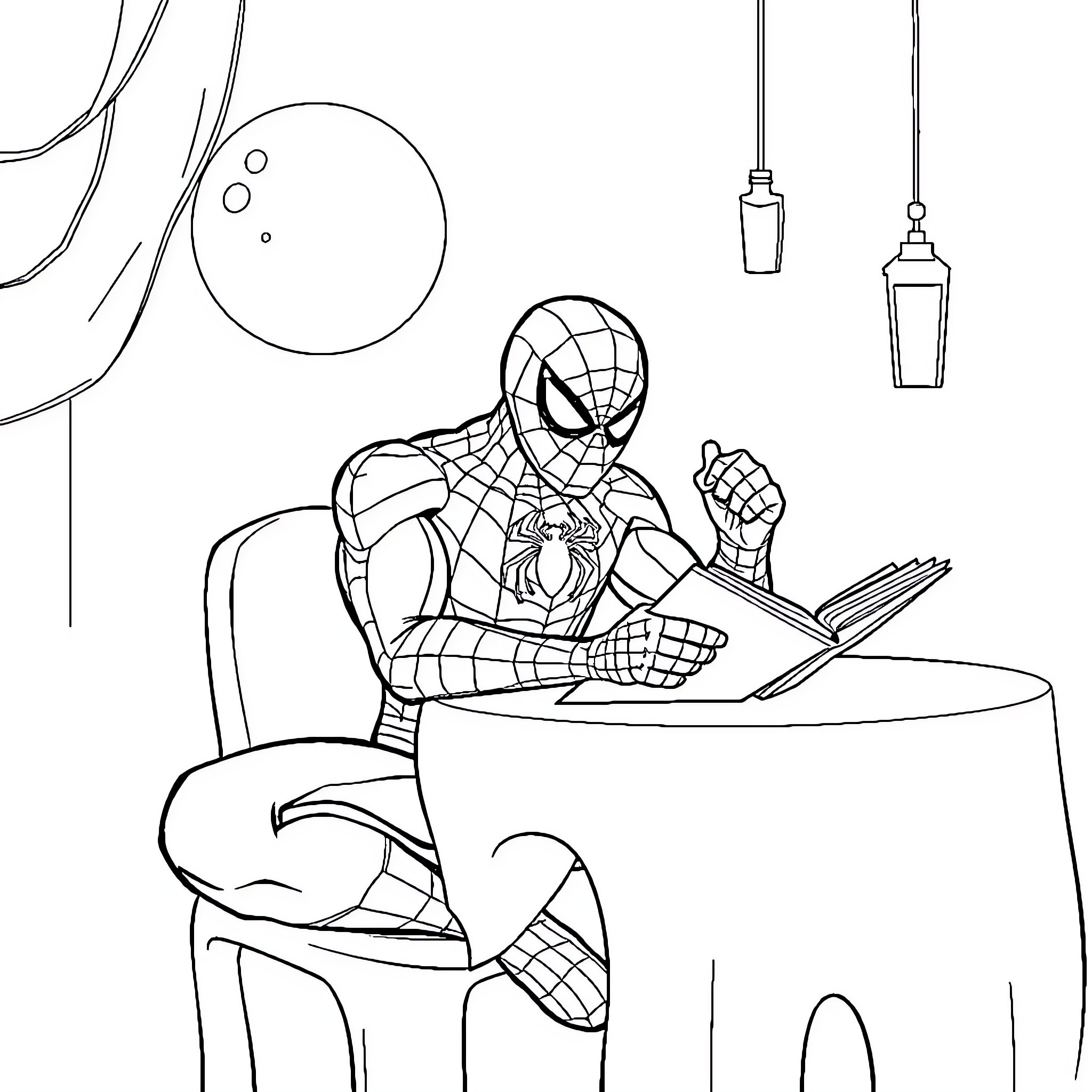 Spiderman studying diligently in his room Coloring Page (free black-and-white line drawing printable PDF for all, from beginners to advanced learners, including children, teens, adults, and seniors)