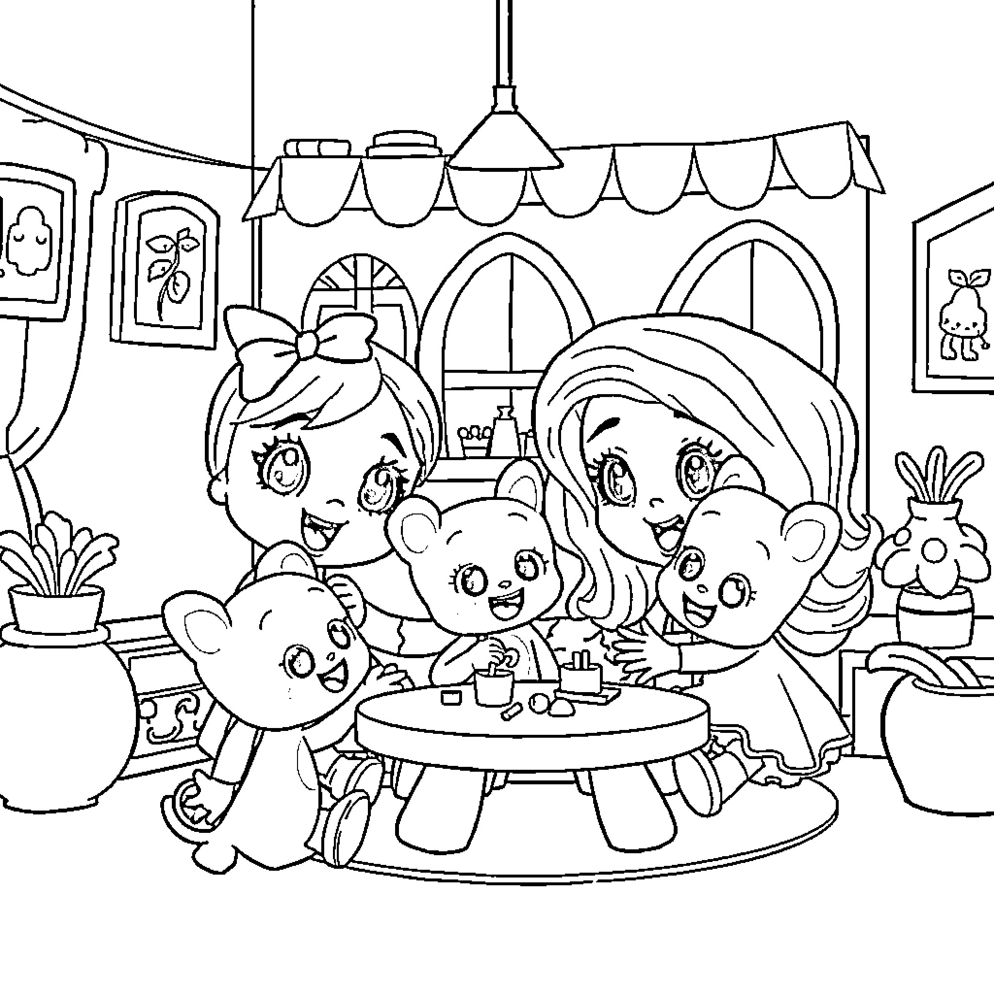 Dollhouse of Playful Characters Enjoying a Cozy Scene Coloring Page (free black-and-white line drawing printable PDF for all, from beginners to advanced learners, including children, teens, adults, and seniors)