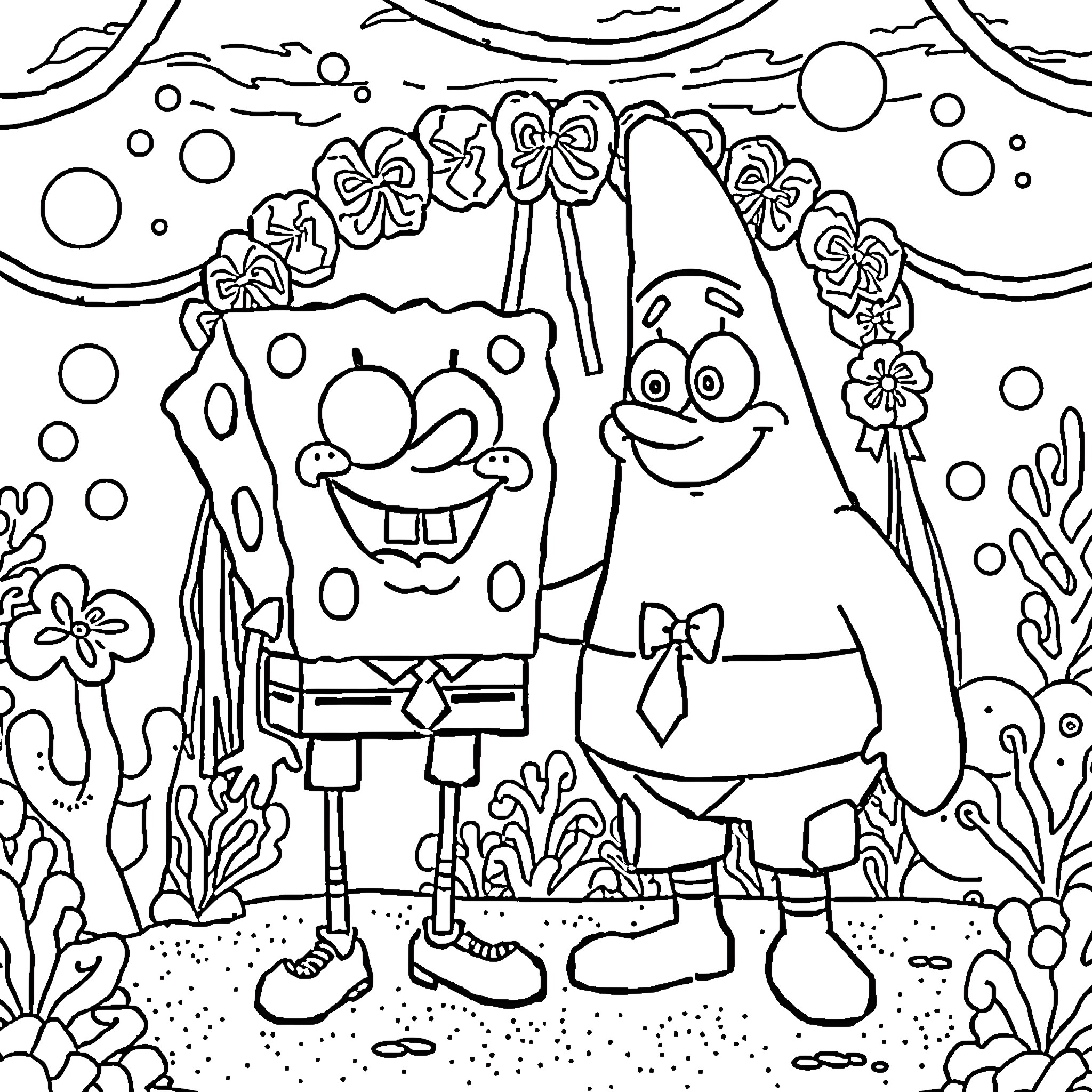 Spongebob and Patrick's Playful Adventure Coloring Page (free black-and-white line drawing printable PDF for all, from beginners to advanced learners, including children, teens, adults, and seniors)