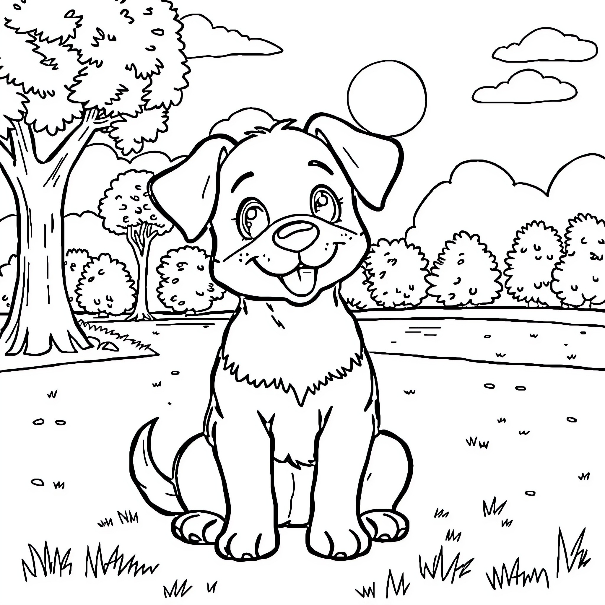 Dog sitting happily in a nature scene Coloring Page (free black-and-white line drawing printable PDF for all, from beginners to advanced learners, including children, teens, adults, and seniors)