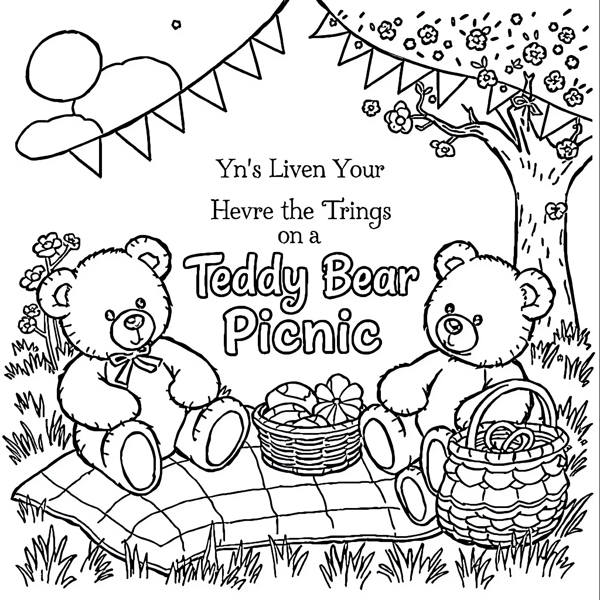 Teddy Bears Enjoying a Picnic in the Park Coloring Page (free black-and-white line drawing printable PDF for all, from beginners to advanced learners, including children, teens, adults, and seniors)