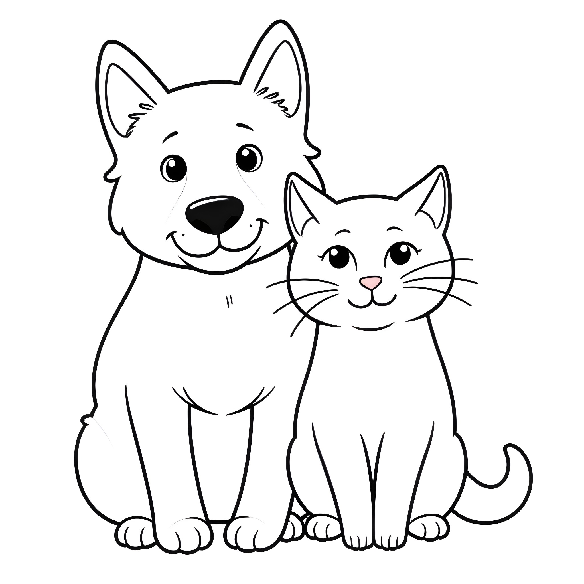 Kitty companions sitting together happily Coloring Page (free black-and-white line drawing printable PDF for all, from beginners to advanced learners, including children, teens, adults, and seniors)