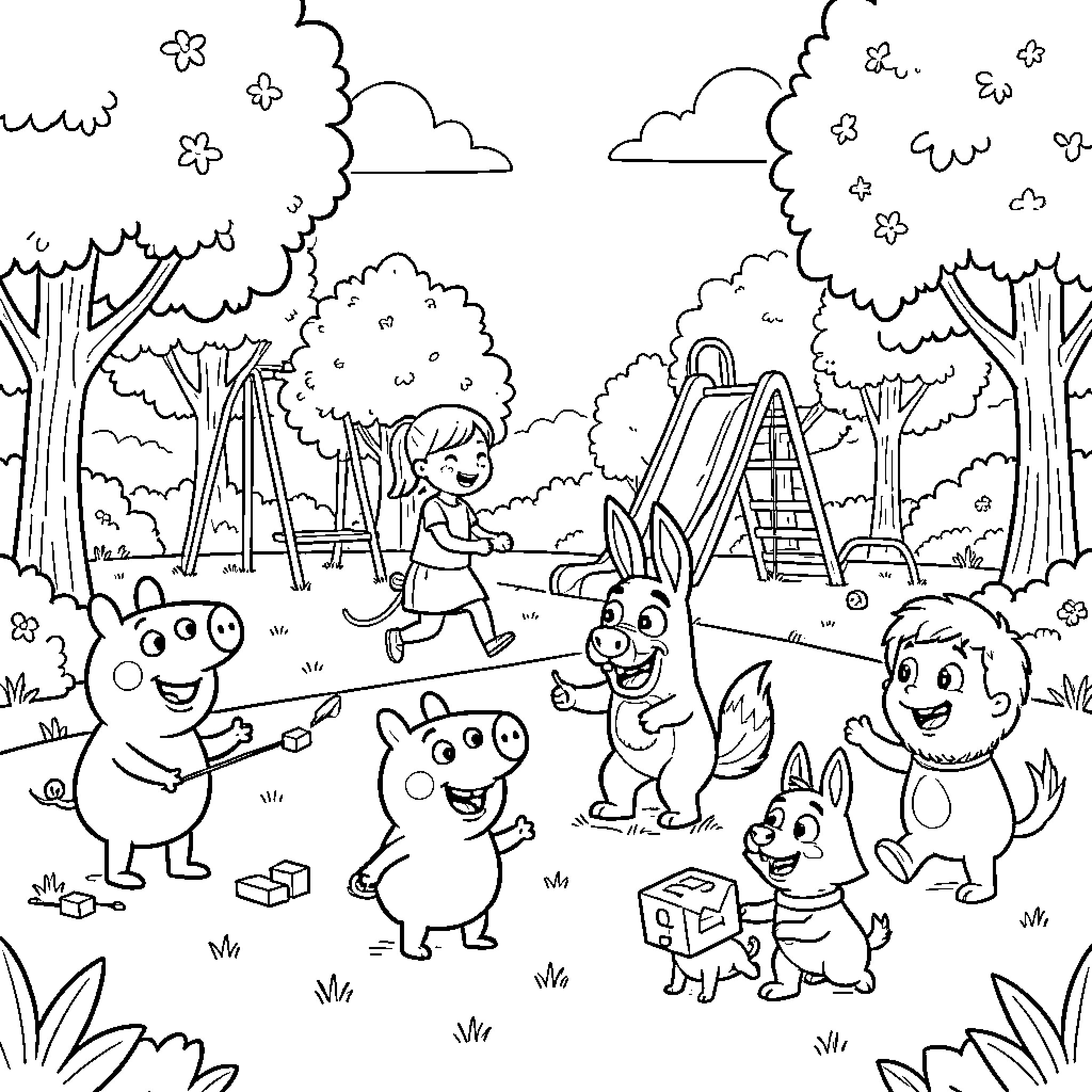 Pepa Pig and friends playing together in a playground Coloring Page (free black-and-white line drawing printable PDF for all, from beginners to advanced learners, including children, teens, adults, and seniors)