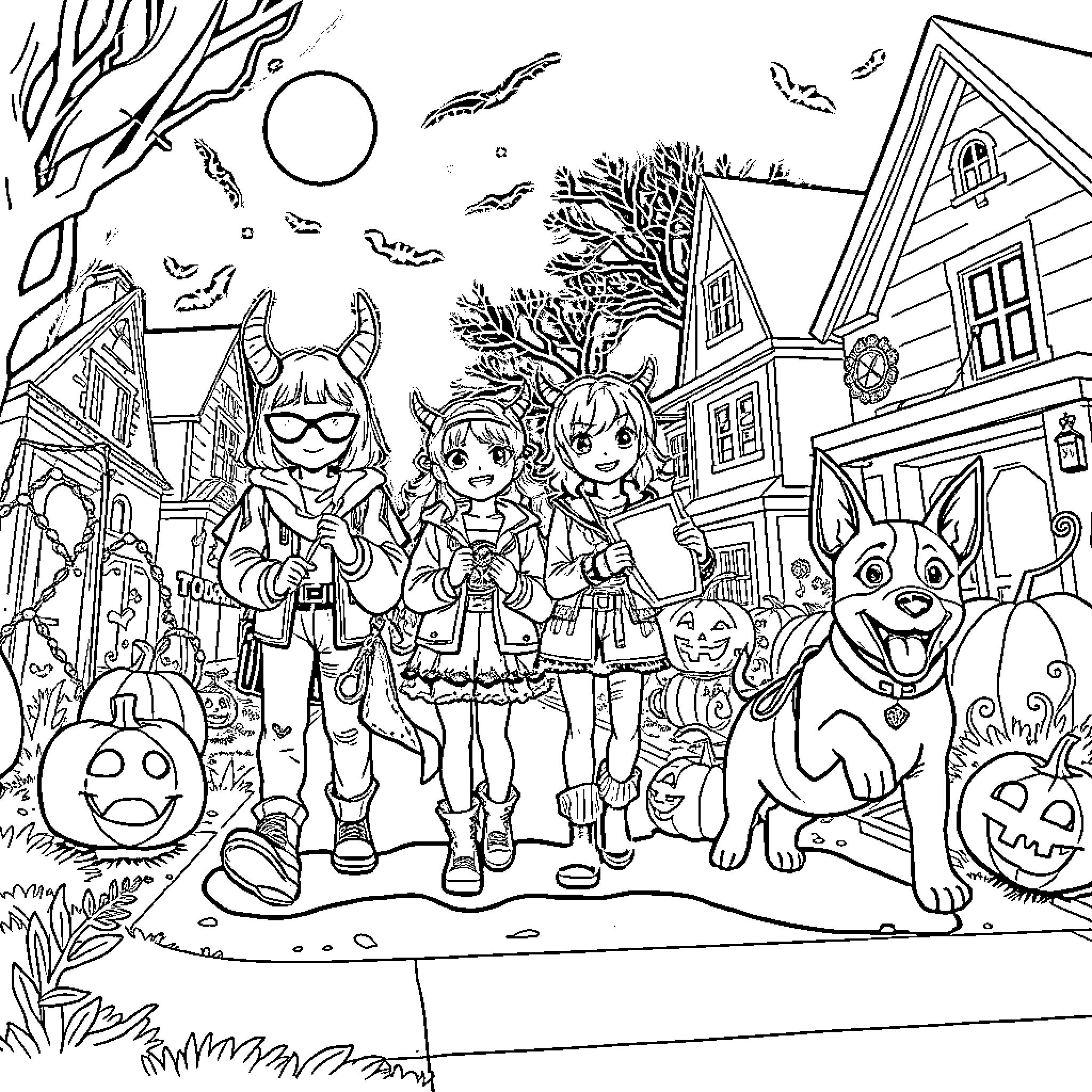 Demon Hunter Trio Celebrate Halloween with Supernatural Friends Coloring Page (free black-and-white line drawing printable PDF for all, from beginners to advanced learners, including children, teens, adults, and seniors)