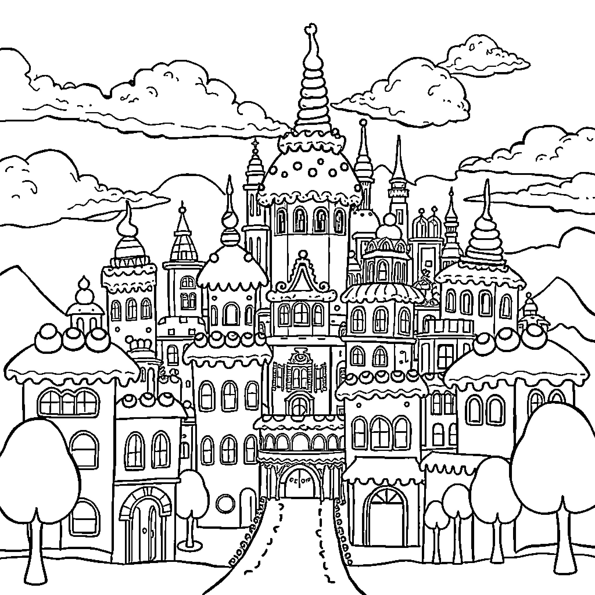 City of ornate fantasy architecture and structures Coloring Page (free black-and-white line drawing printable PDF for all, from beginners to advanced learners, including children, teens, adults, and seniors)