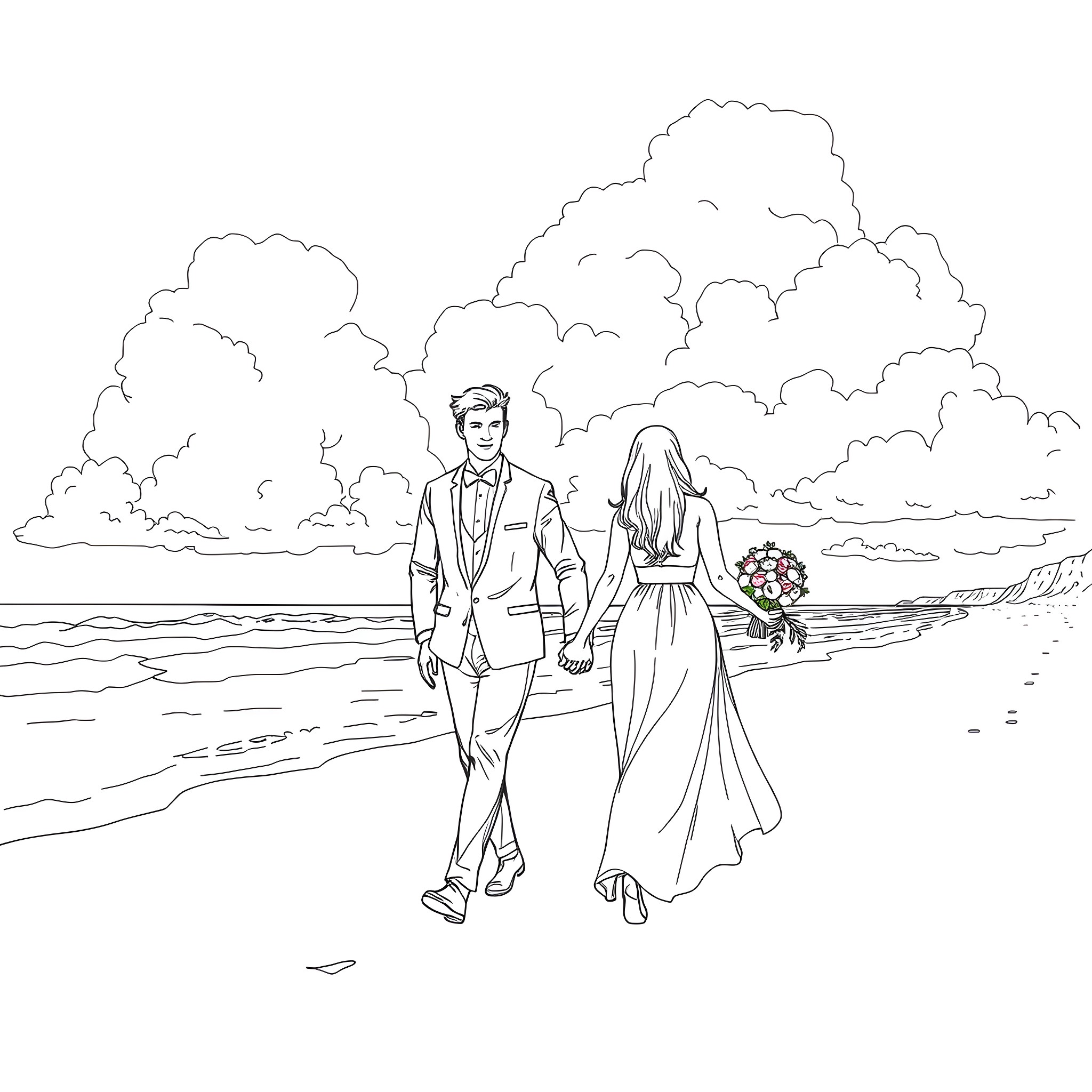 Couple walking together on the beach Coloring Page (free black-and-white line drawing printable PDF for all, from beginners to advanced learners, including children, teens, adults, and seniors)
