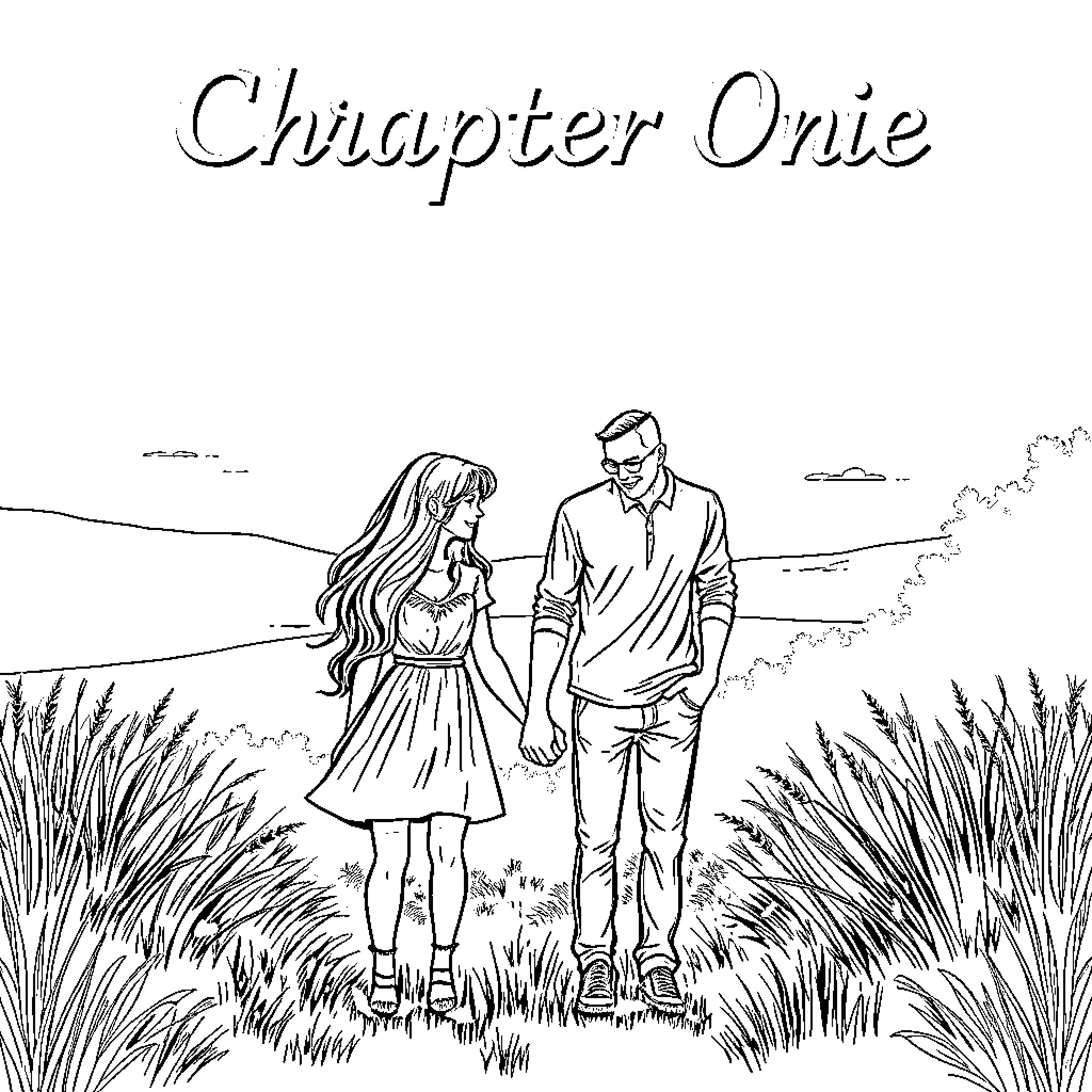 Couple exploring scenic landscape together Coloring Page (free black-and-white line drawing printable PDF for all, from beginners to advanced learners, including children, teens, adults, and seniors)