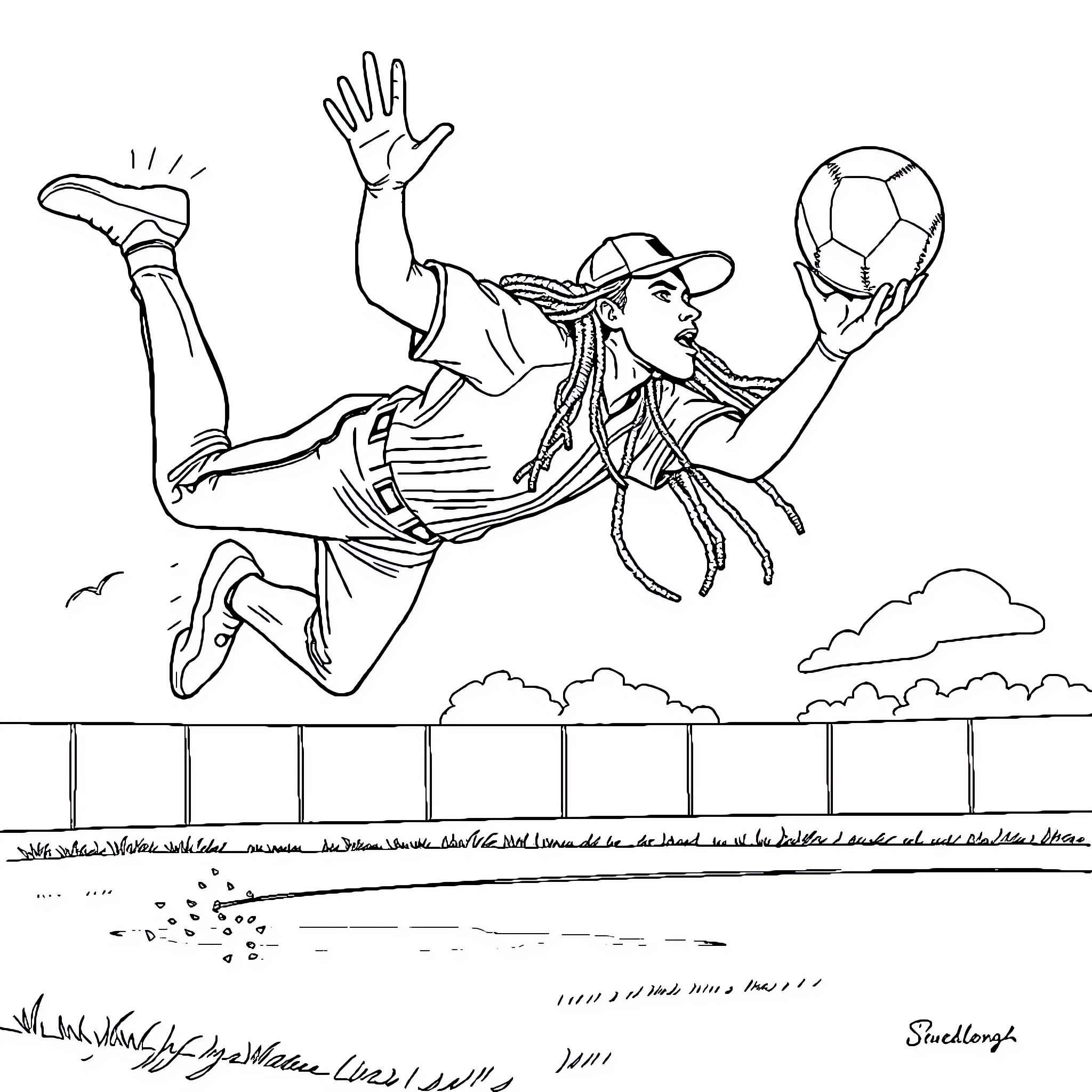 Baseball Player Jumping High for the Ball Coloring Page (free black-and-white line drawing printable PDF for all, from beginners to advanced learners, including children, teens, adults, and seniors)