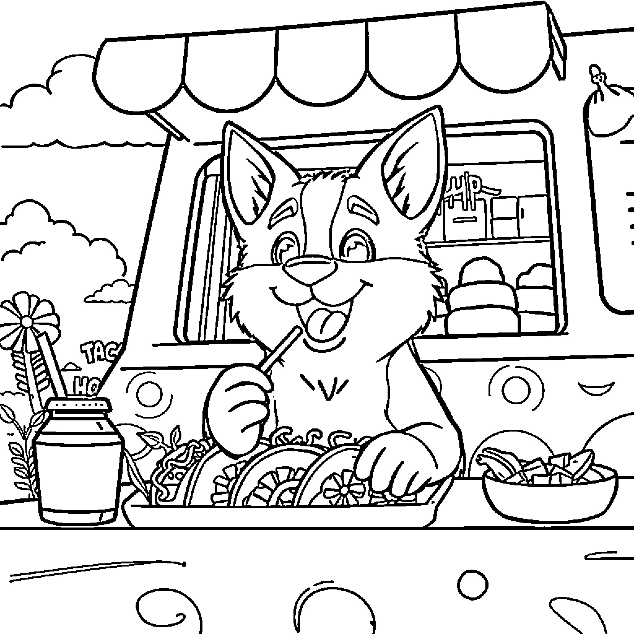 Rumi's Playful Day at the Market Coloring Page (free black-and-white line drawing printable PDF for all, from beginners to advanced learners, including children, teens, adults, and seniors)