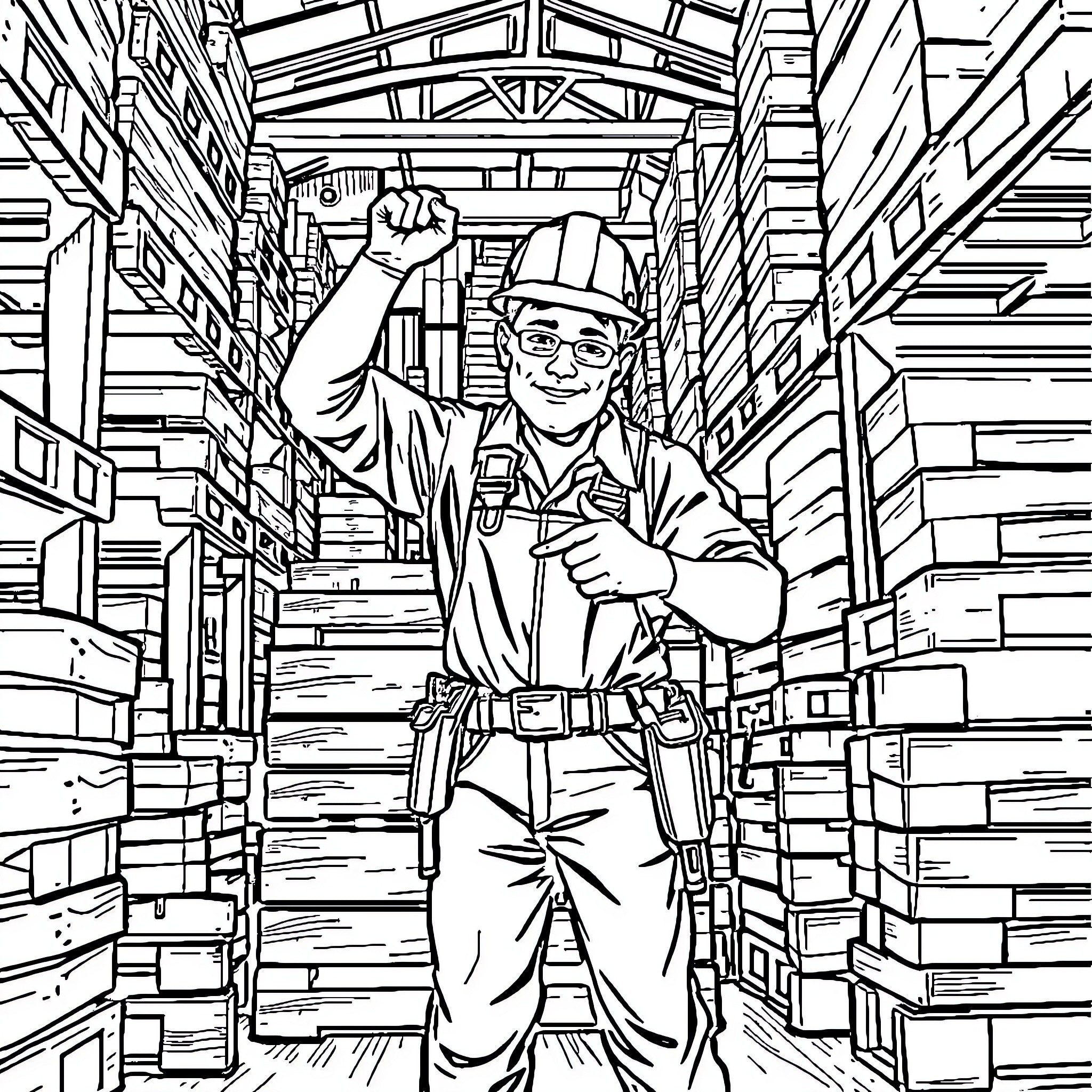 Electrician working diligently in a busy warehouse Coloring Page (free black-and-white line drawing printable PDF for all, from beginners to advanced learners, including children, teens, adults, and seniors)