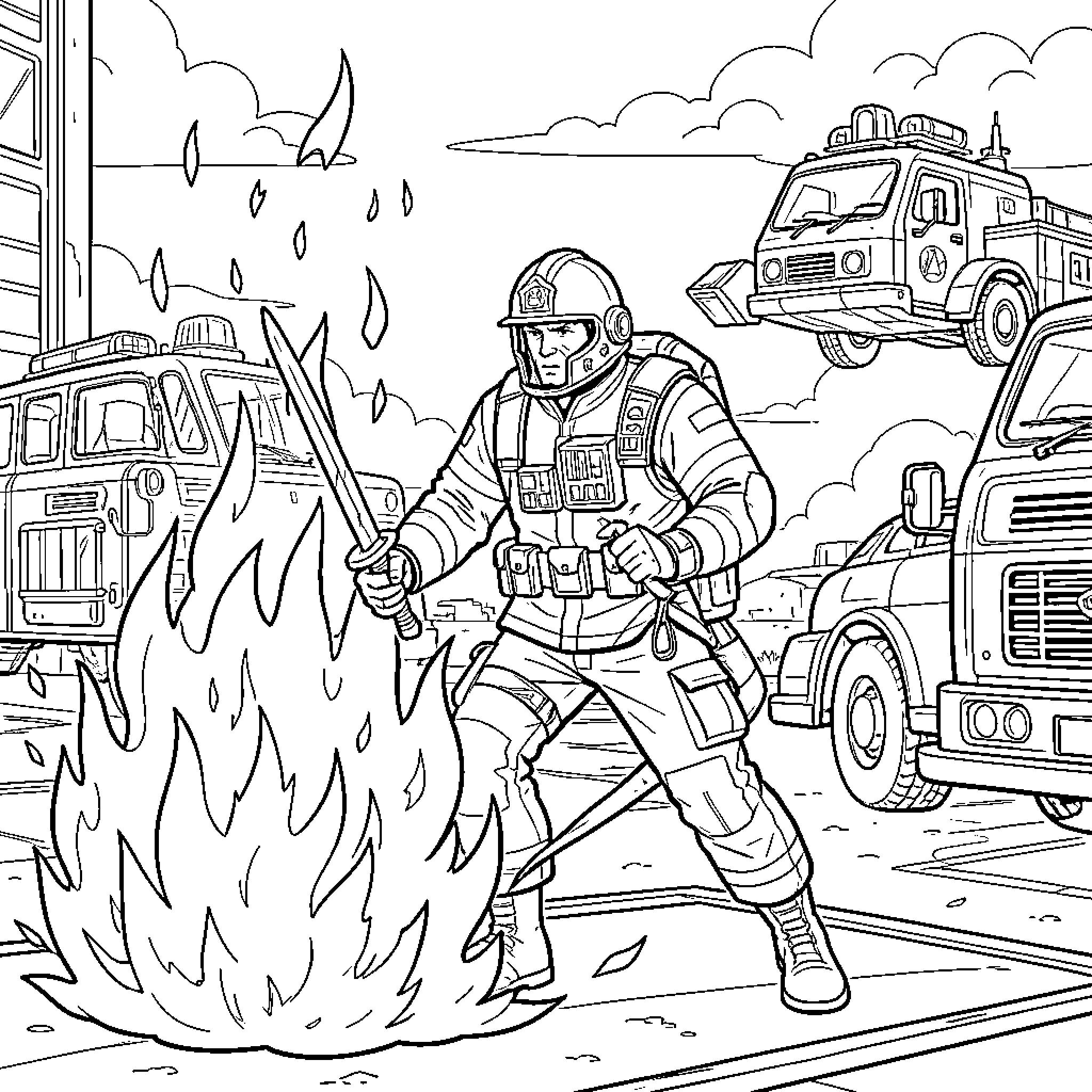 Firefighter battling large flames near emergency vehicles Coloring Page (free black-and-white line drawing printable PDF for all, from beginners to advanced learners, including children, teens, adults, and seniors)