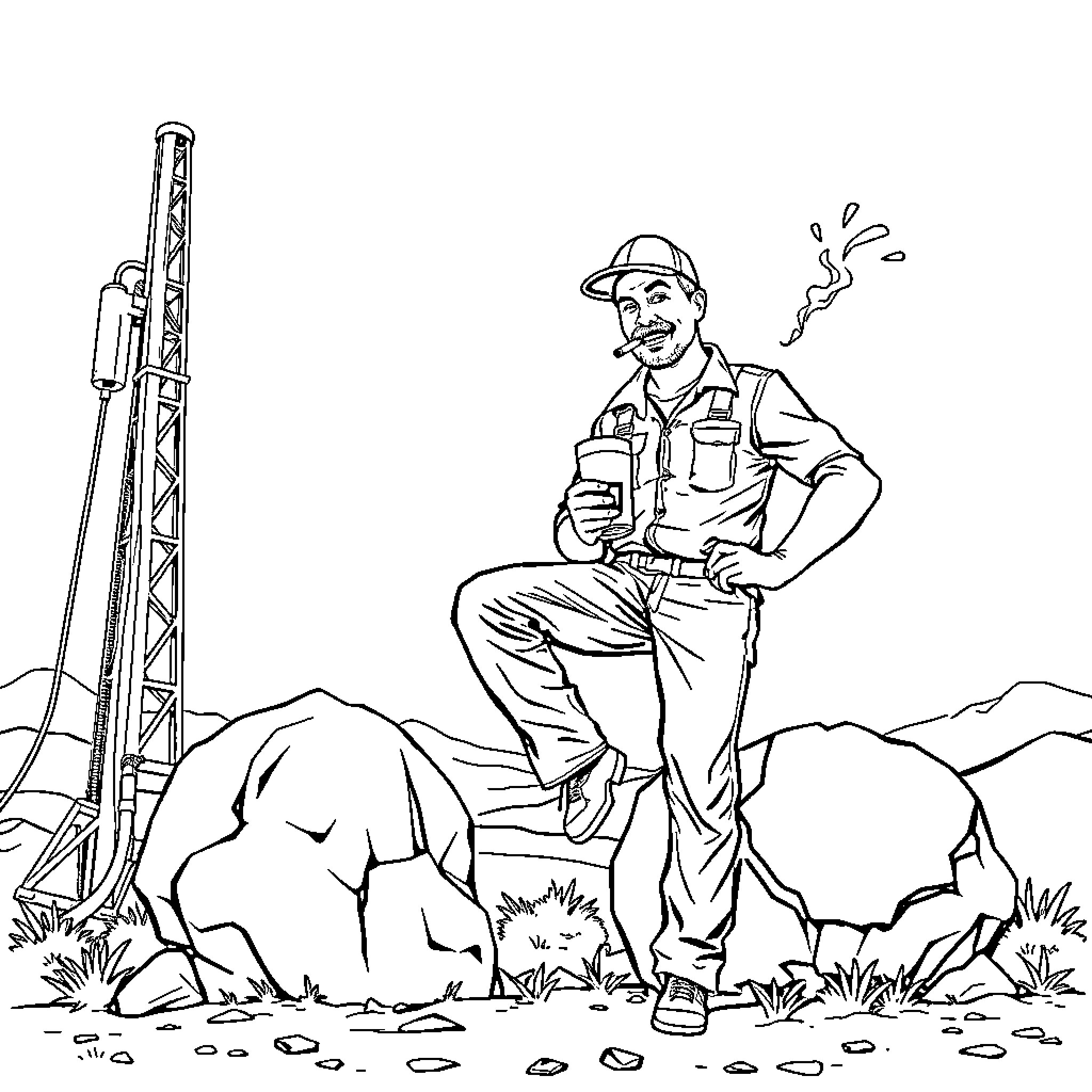 Worker Operating Machinery in Outdoor Landscape Coloring Page (free black-and-white line drawing printable PDF for all, from beginners to advanced learners, including children, teens, adults, and seniors)