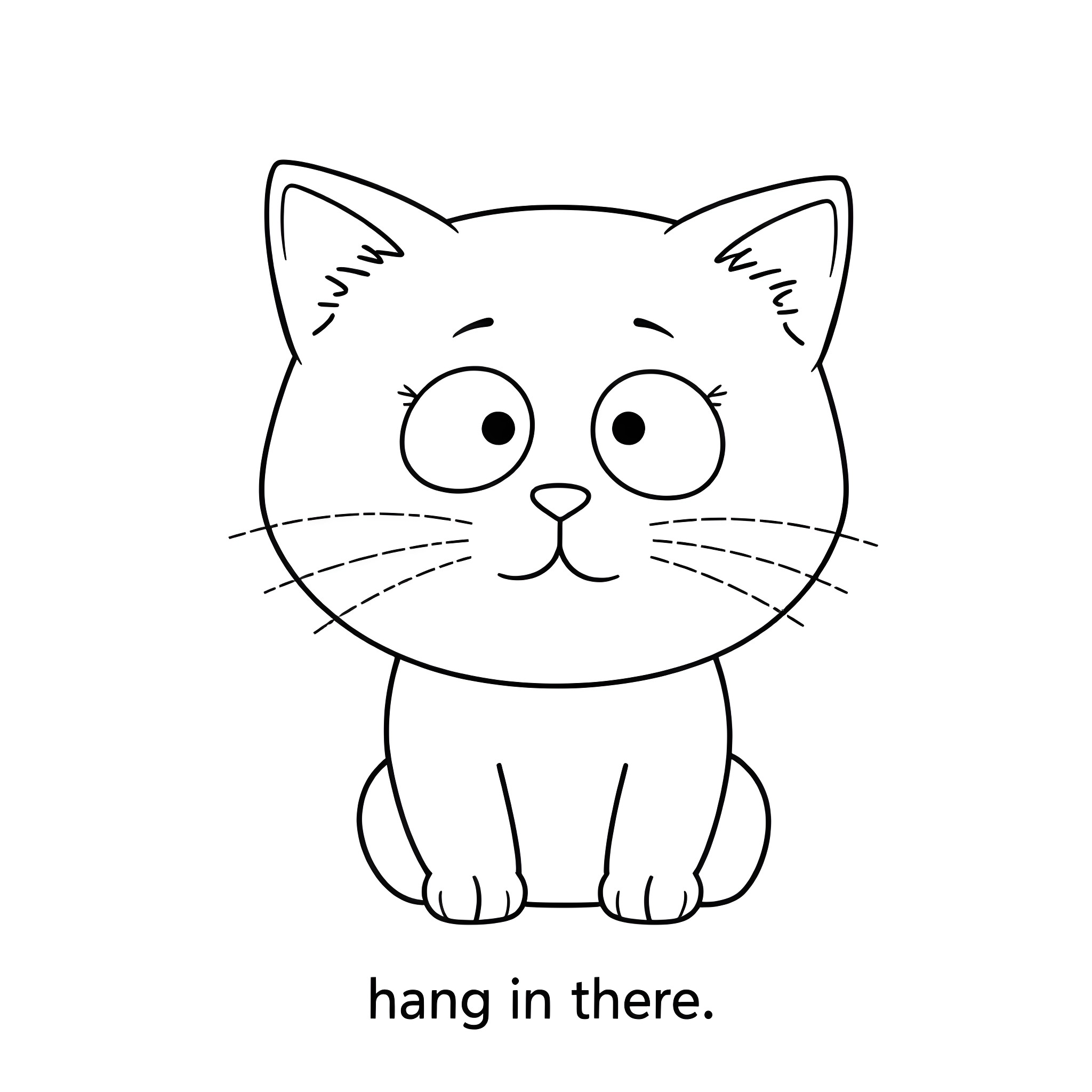 Mr. Kitty hangs in there Coloring Page (free black-and-white line drawing printable PDF for all, from beginners to advanced learners, including children, teens, adults, and seniors)