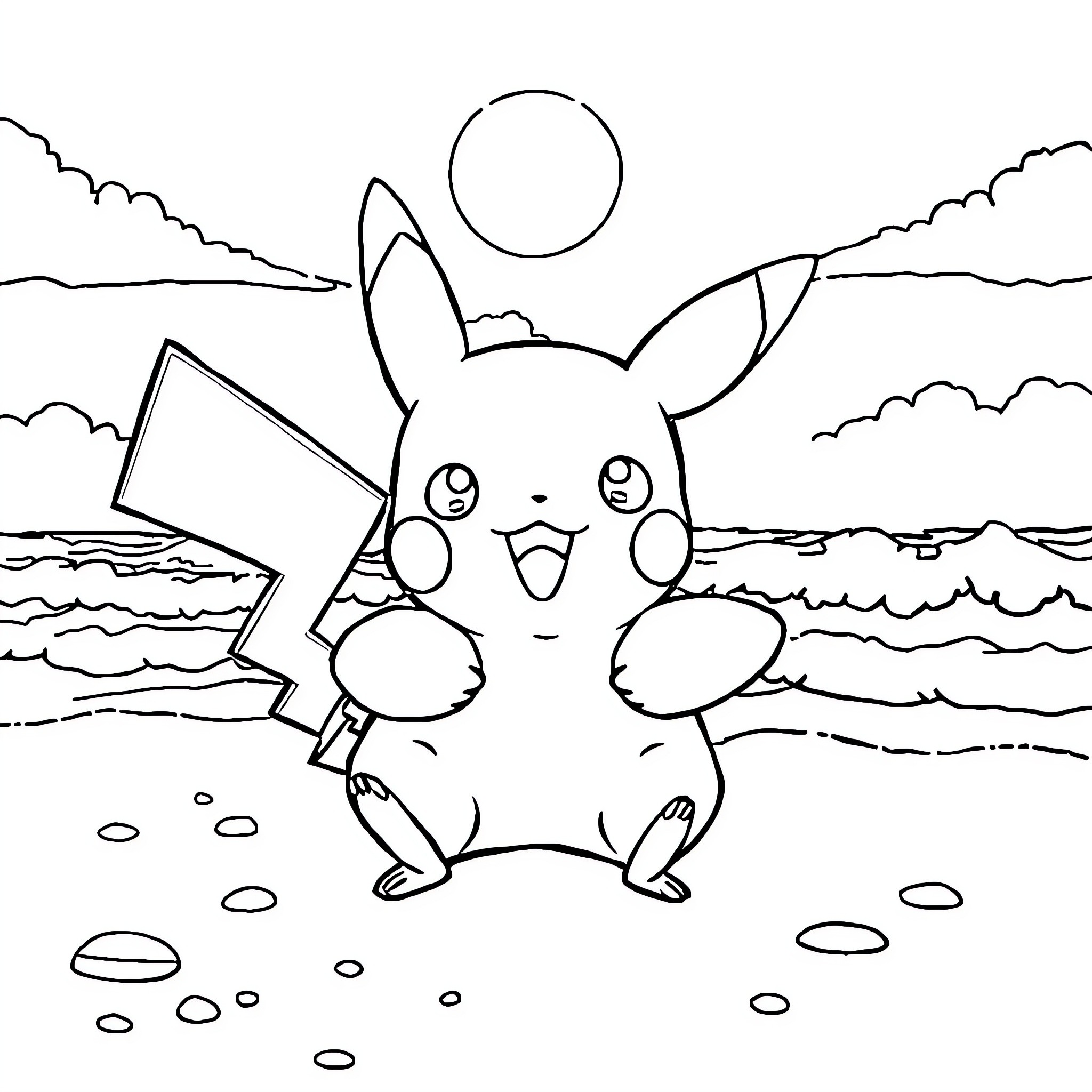 Pikachu playing joyfully in the natural landscape Coloring Page (free black-and-white line drawing printable PDF for all, from beginners to advanced learners, including children, teens, adults, and seniors)