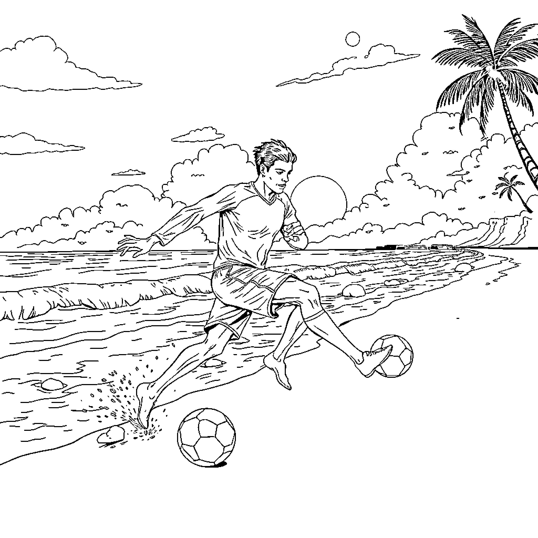 Shark playing soccer on the beach Coloring Page (free black-and-white line drawing printable PDF for all, from beginners to advanced learners, including children, teens, adults, and seniors)