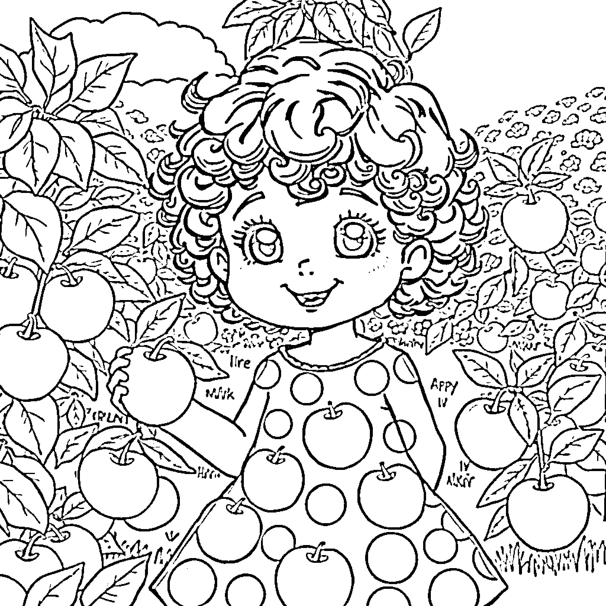 Girl surrounded by nature and apples Coloring Page (free black-and-white line drawing printable PDF for all, from beginners to advanced learners, including children, teens, adults, and seniors)