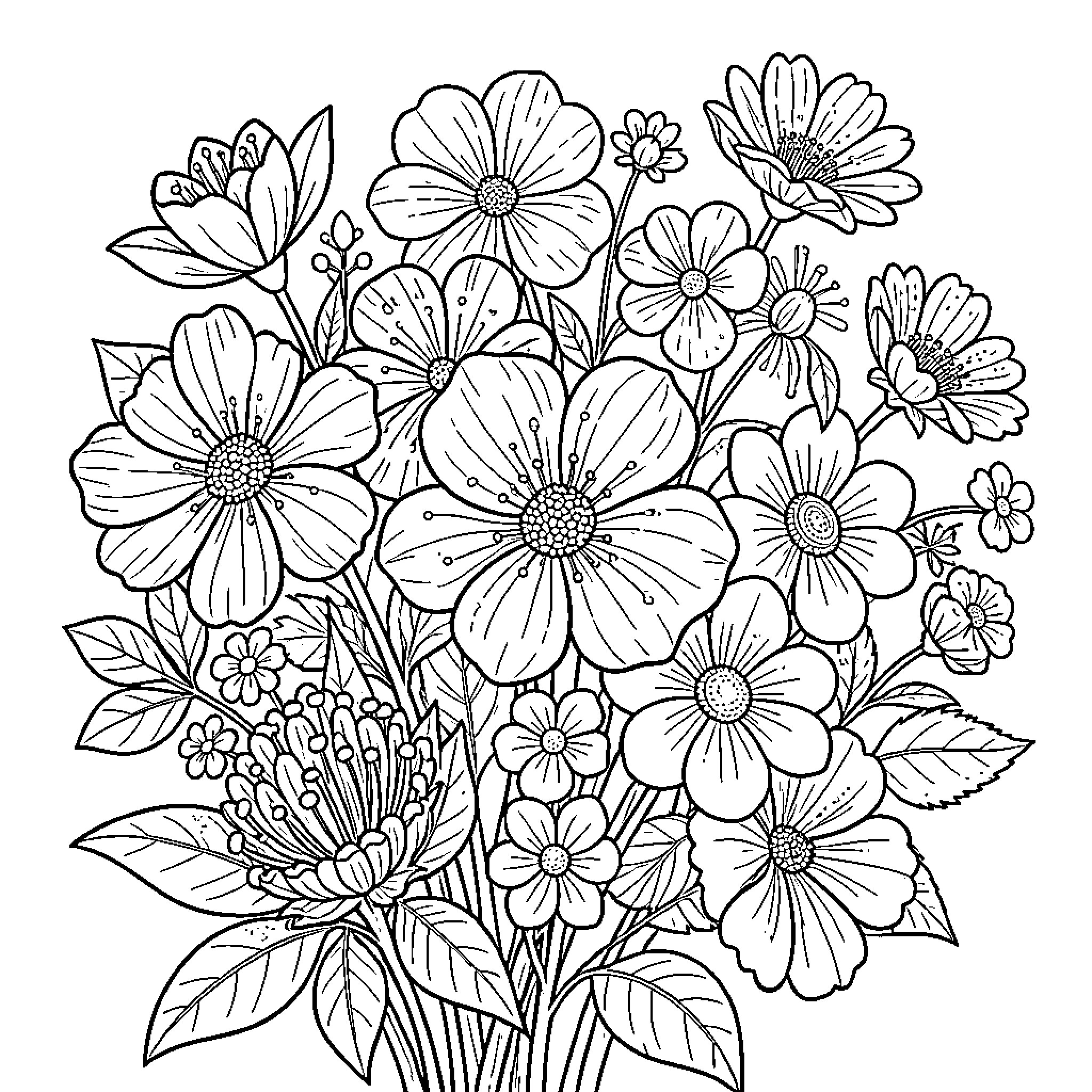 Flower bouquet blooming in a dense arrangement Coloring Page (free black-and-white line drawing printable PDF for all, from beginners to advanced learners, including children, teens, adults, and seniors)