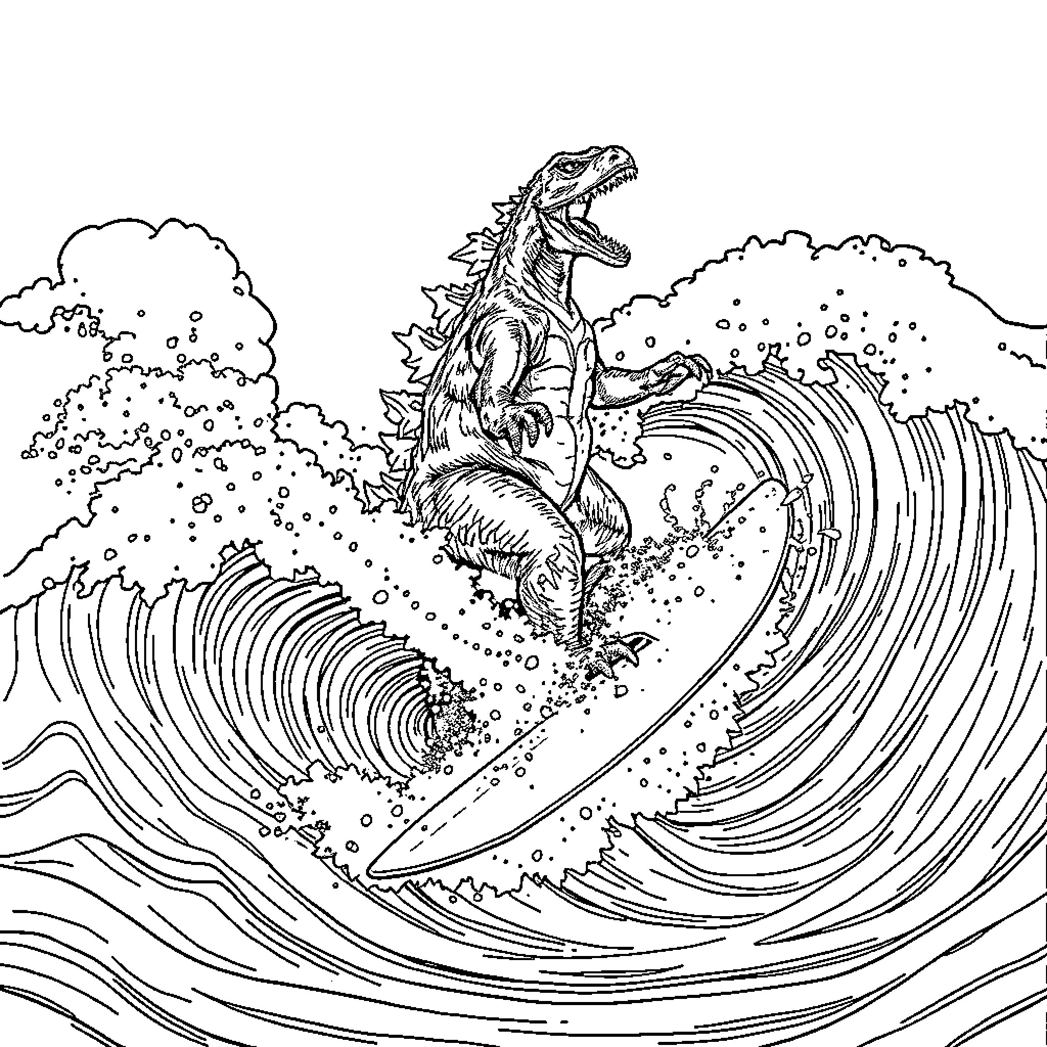 Godzilla surfing on massive ocean wave Coloring Page (free black-and-white line drawing printable PDF for all, from beginners to advanced learners, including children, teens, adults, and seniors)