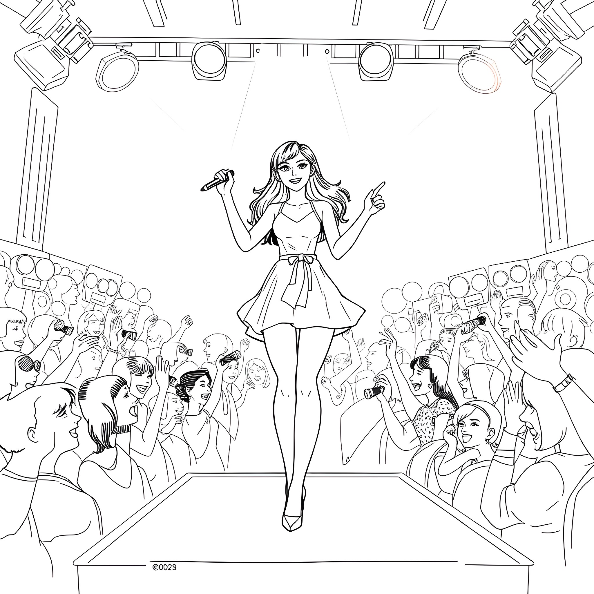 Teen Girl performing on stage with crowd Coloring Page (free black-and-white line drawing printable PDF for all, from beginners to advanced learners, including children, teens, adults, and seniors)