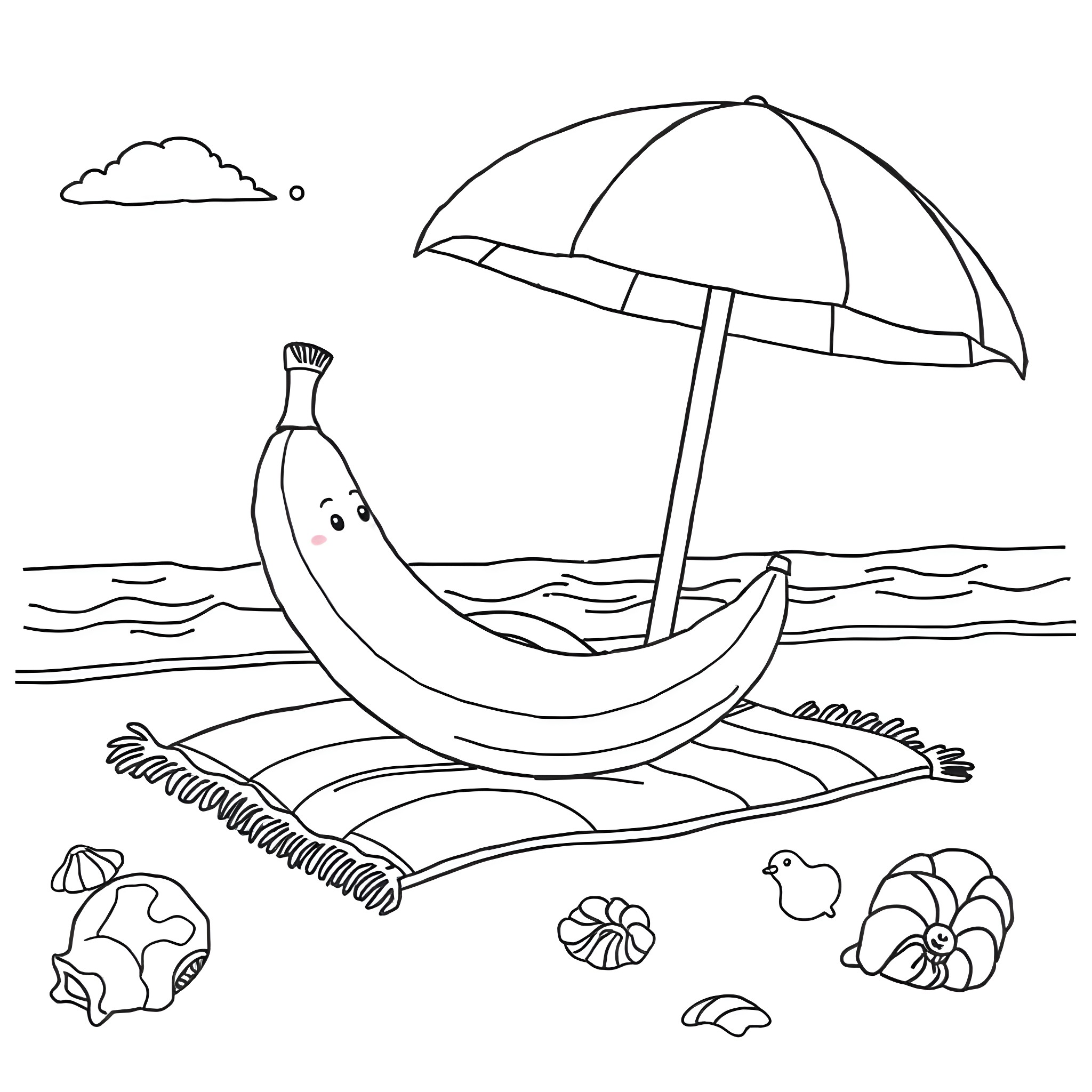 Banana relaxing under beach umbrella Coloring Page (free black-and-white line drawing printable PDF for all, from beginners to advanced learners, including children, teens, adults, and seniors)