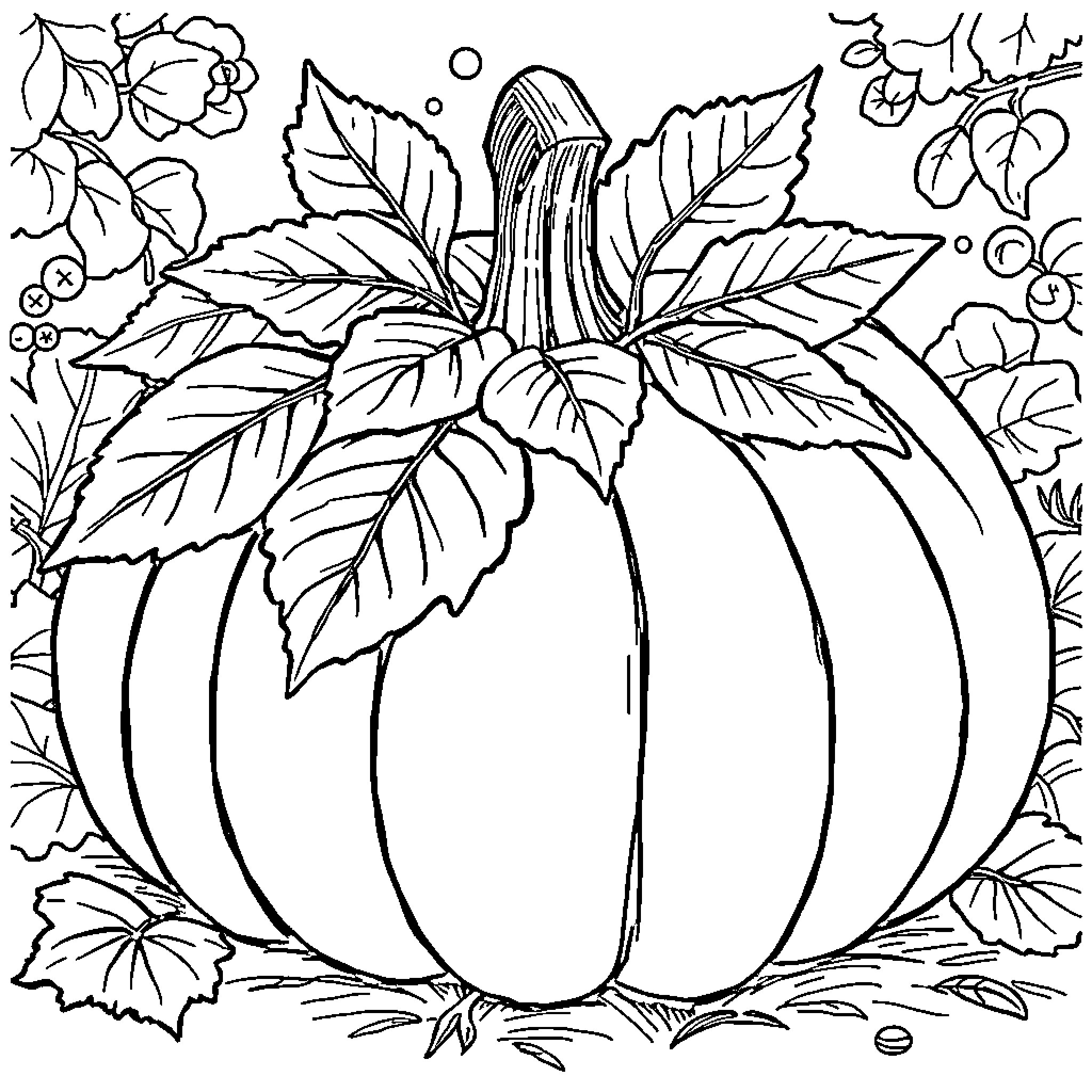 Pumpkin surrounded by autumn foliage Coloring Page (free black-and-white line drawing printable PDF for all, from beginners to advanced learners, including children, teens, adults, and seniors)