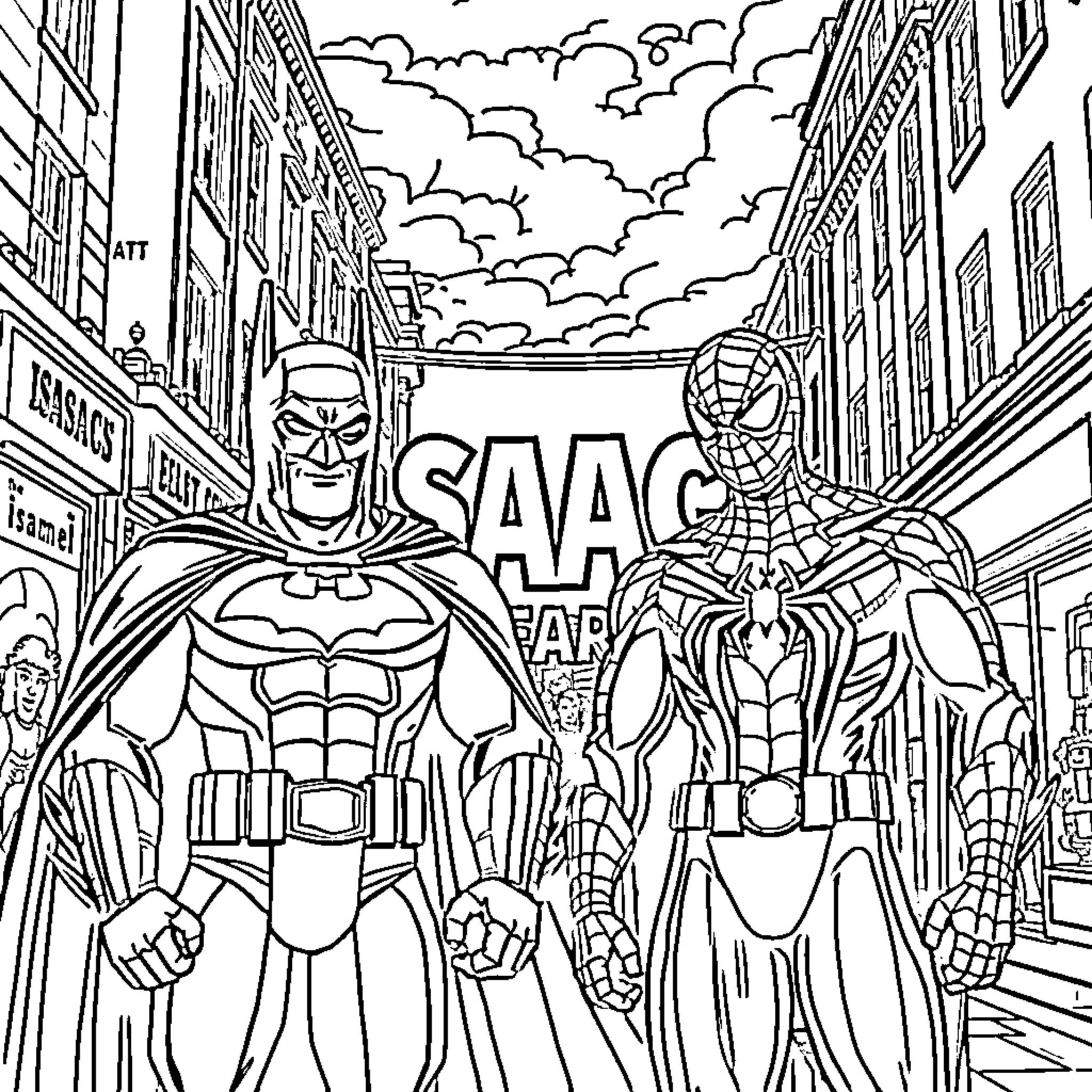 Isaac and Spider-Man: Heroes on City Streets Coloring Page (free black-and-white line drawing printable PDF for all, from beginners to advanced learners, including children, teens, adults, and seniors)