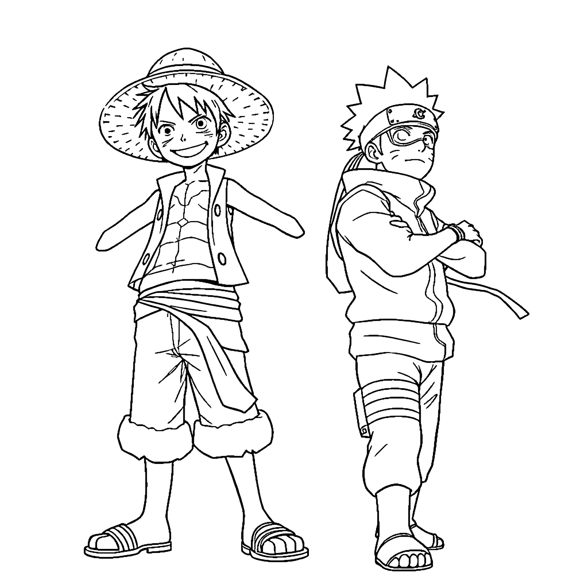 Luffy and Naruto in Adventure Outfit Coloring Page (free black-and-white line drawing printable PDF for all, from beginners to advanced learners, including children, teens, adults, and seniors)