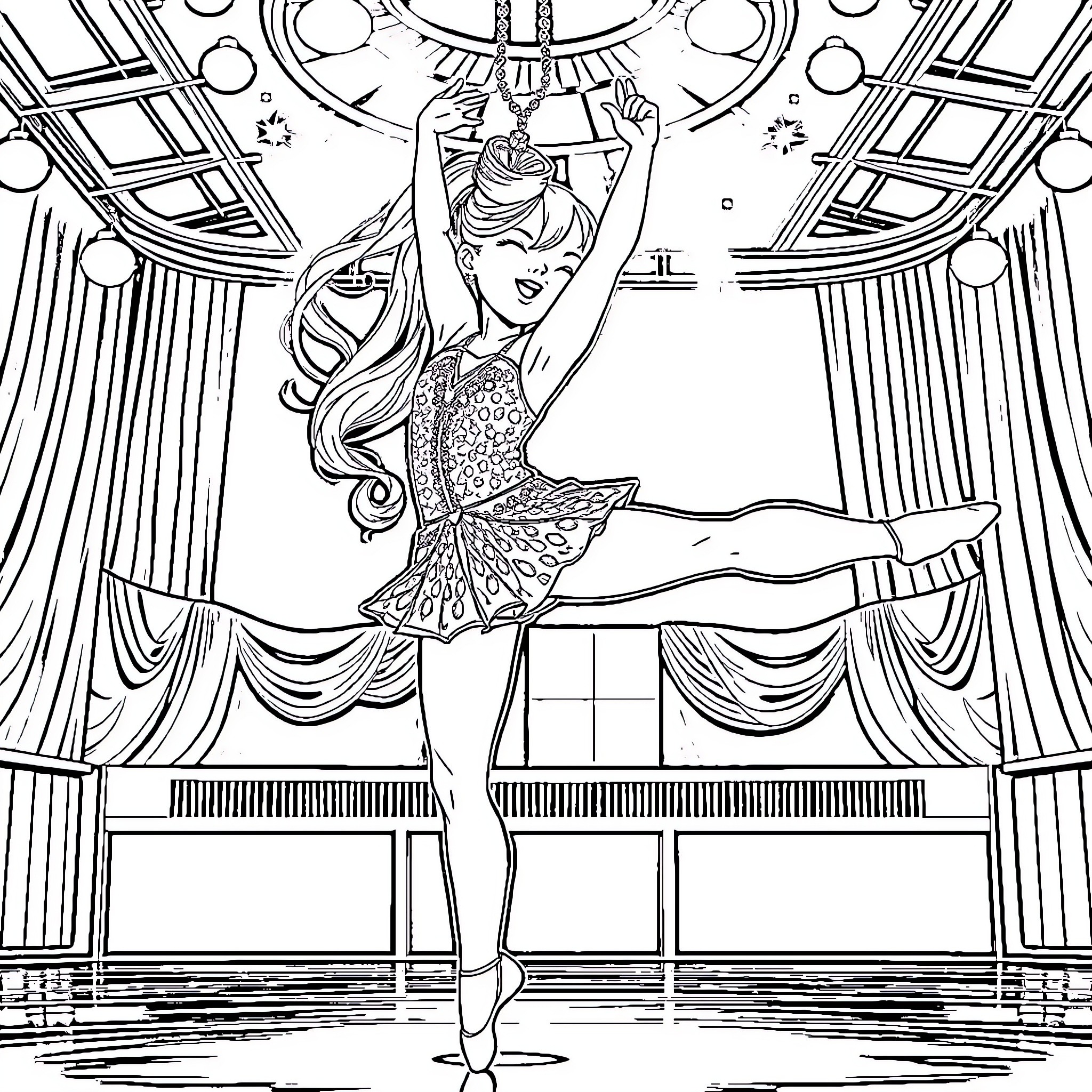 Fille dancing gracefully on stage Coloring Page (free black-and-white line drawing printable PDF for all, from beginners to advanced learners, including children, teens, adults, and seniors)