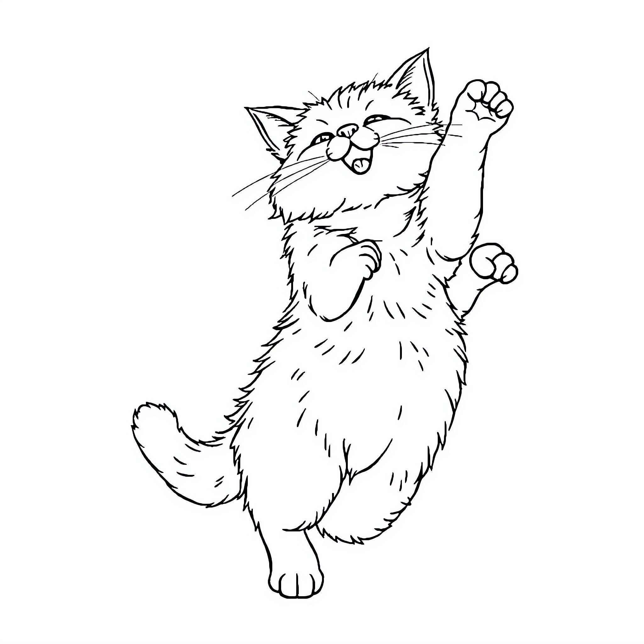 Cat playfully stretching and yawning Coloring Page (free black-and-white line drawing printable PDF for all, from beginners to advanced learners, including children, teens, adults, and seniors)