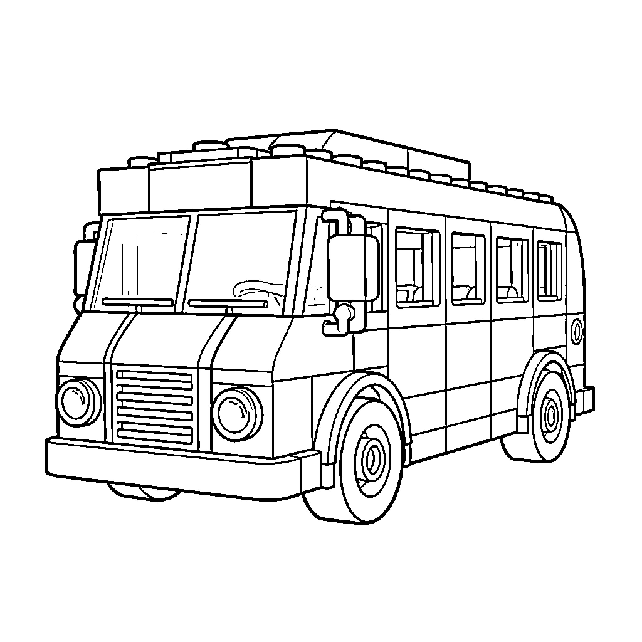 Bus made of toy building blocks Coloring Page (free black-and-white line drawing printable PDF for all, from beginners to advanced learners, including children, teens, adults, and seniors)