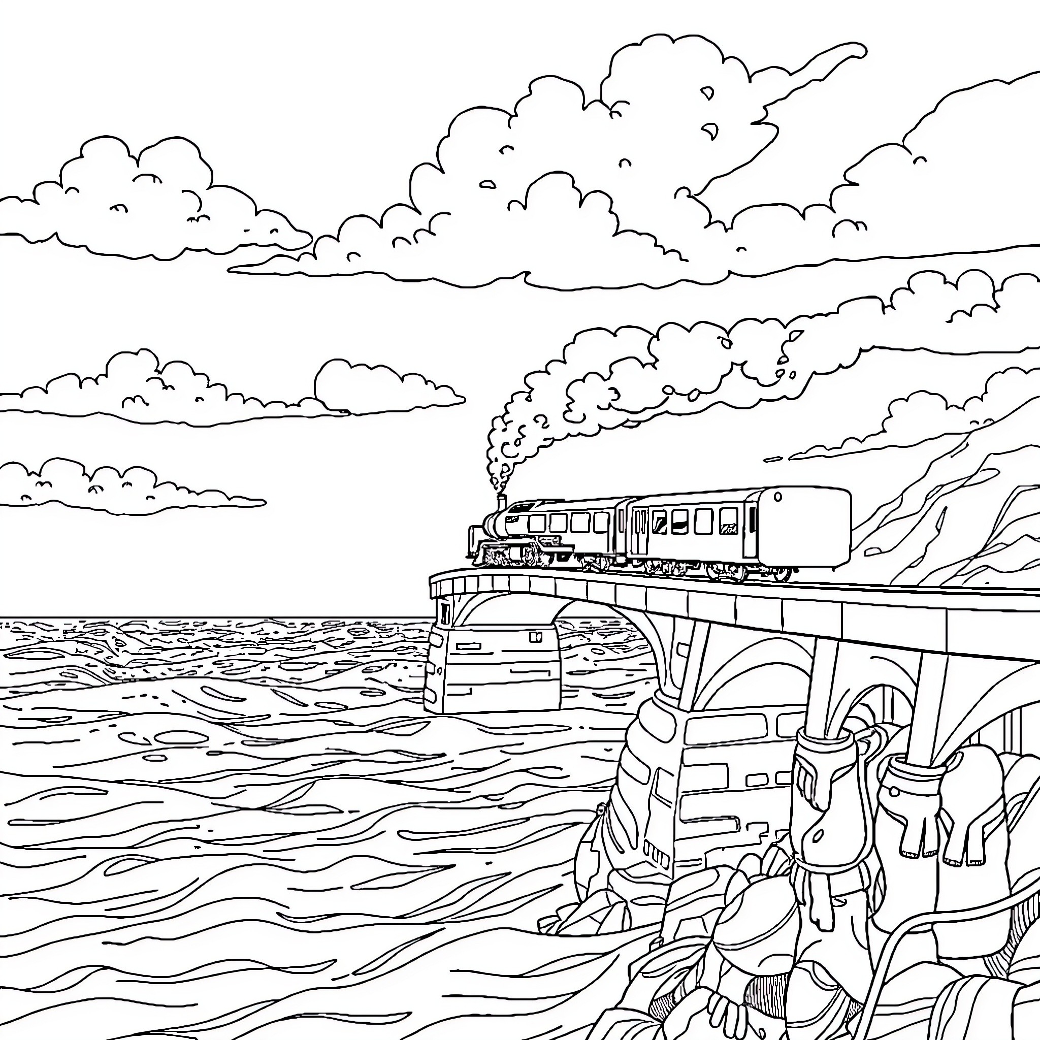 Train crossing a scenic mountain bridge Coloring Page (free black-and-white line drawing printable PDF for all, from beginners to advanced learners, including children, teens, adults, and seniors)