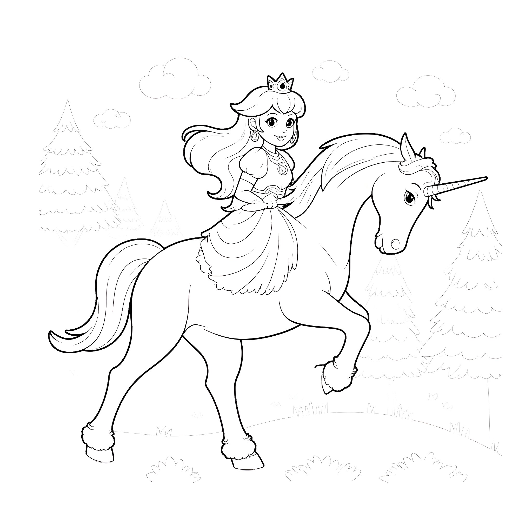 Princess riding a unicorn through the enchanted forest Coloring Page (free black-and-white line drawing printable PDF for all, from beginners to advanced learners, including children, teens, adults, and seniors)