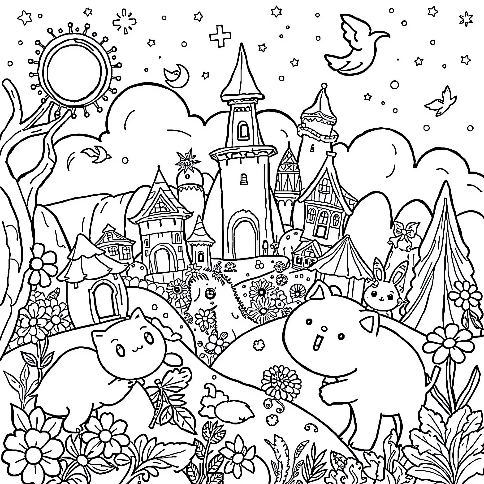 Dandy Creatures in a Whimsical Wonderland Coloring Page (free black-and-white line drawing printable PDF for all, from beginners to advanced learners, including children, teens, adults, and seniors)