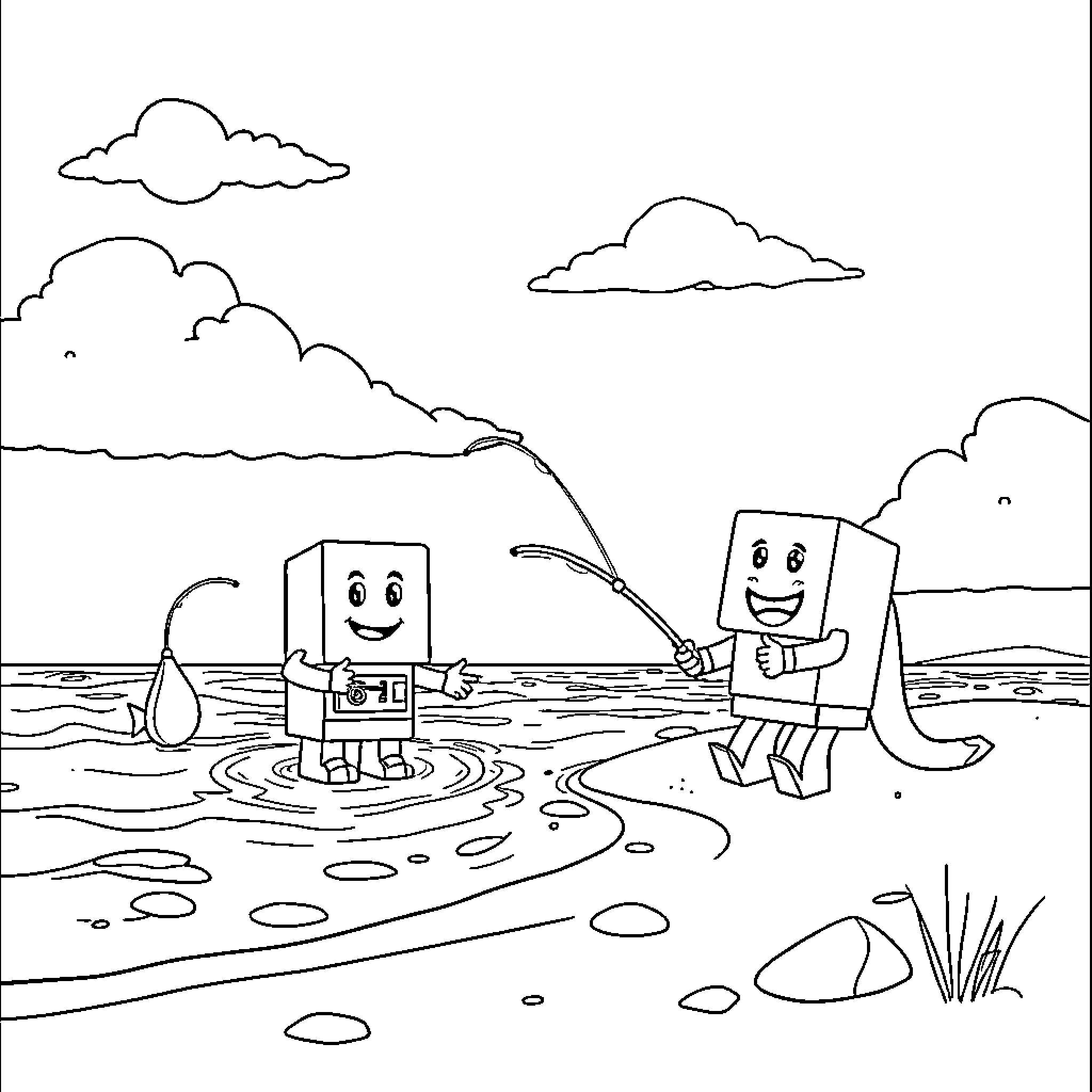 Numberblocks playing in the river Coloring Page (free black-and-white line drawing printable PDF for all, from beginners to advanced learners, including children, teens, adults, and seniors)
