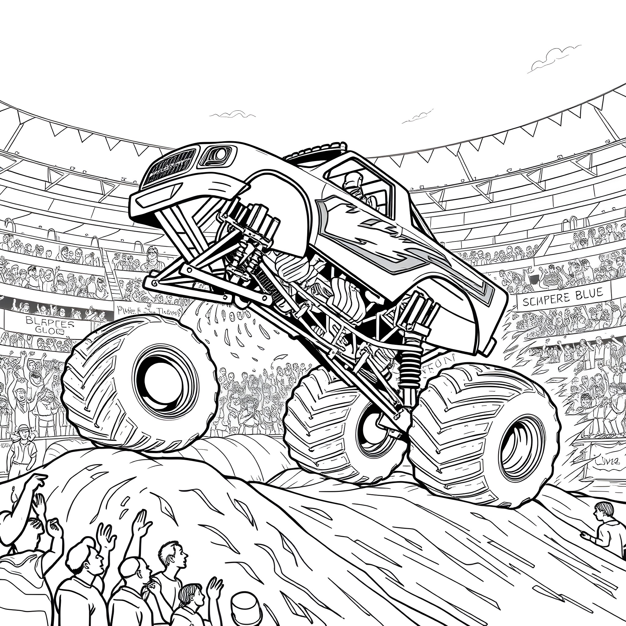 Monstertruck crushing and jumping over the crowd Coloring Page (free black-and-white line drawing printable PDF for all, from beginners to advanced learners, including children, teens, adults, and seniors)