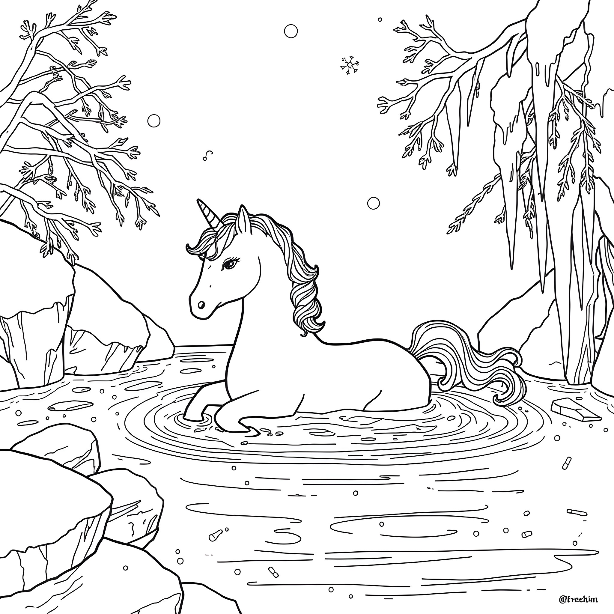 Unicorn resting peacefully in enchanted winter forest Coloring Page (free black-and-white line drawing printable PDF for all, from beginners to advanced learners, including children, teens, adults, and seniors)