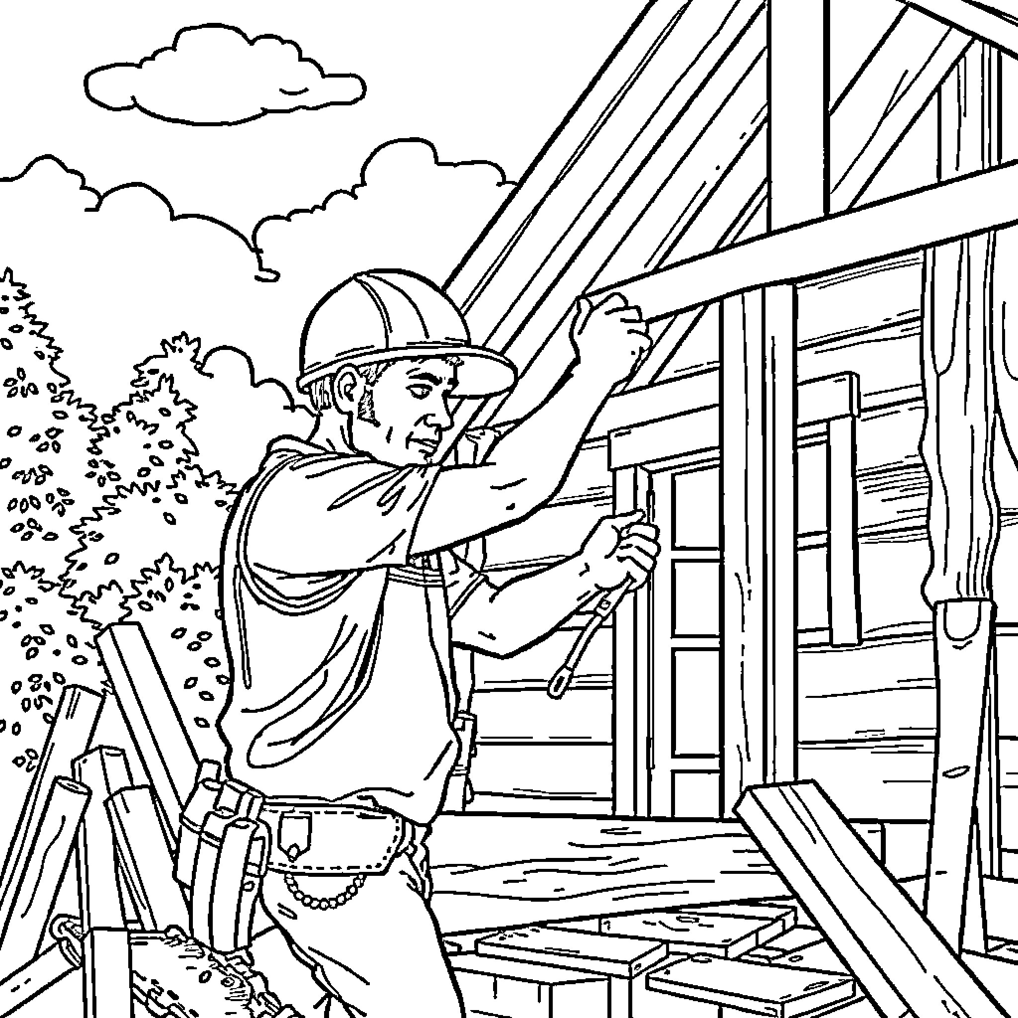 Carpenter constructing a wooden structure in the countryside Coloring Page (free black-and-white line drawing printable PDF for all, from beginners to advanced learners, including children, teens, adults, and seniors)