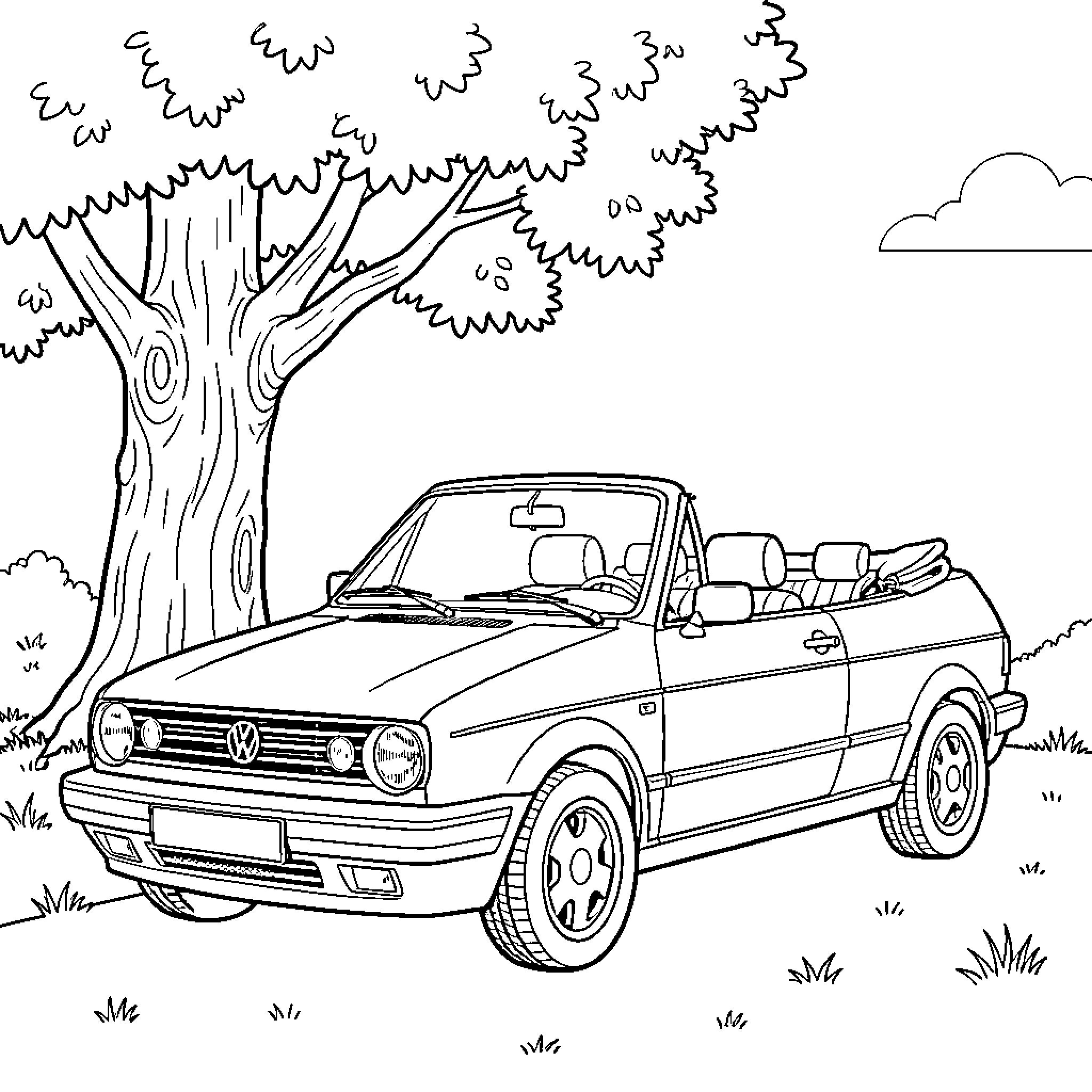Volkswagen Golf parked under a large leafy tree Coloring Page (free black-and-white line drawing printable PDF for all, from beginners to advanced learners, including children, teens, adults, and seniors)