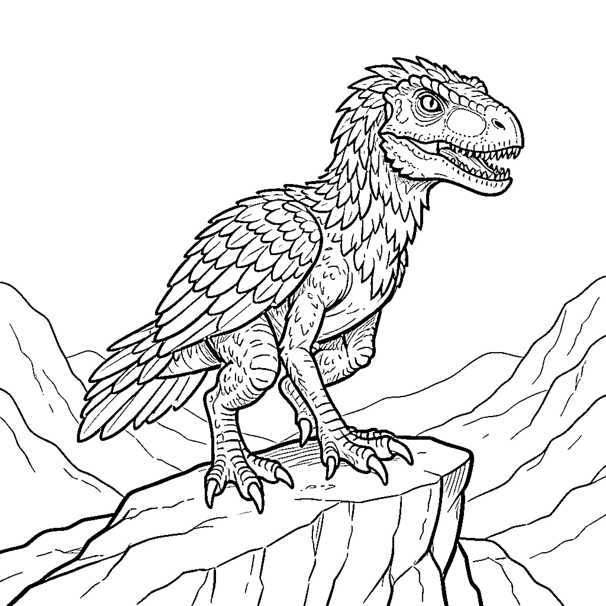 Spinoraptor hunting on rocky cliffs Coloring Page (free black-and-white line drawing printable PDF for all, from beginners to advanced learners, including children, teens, adults, and seniors)